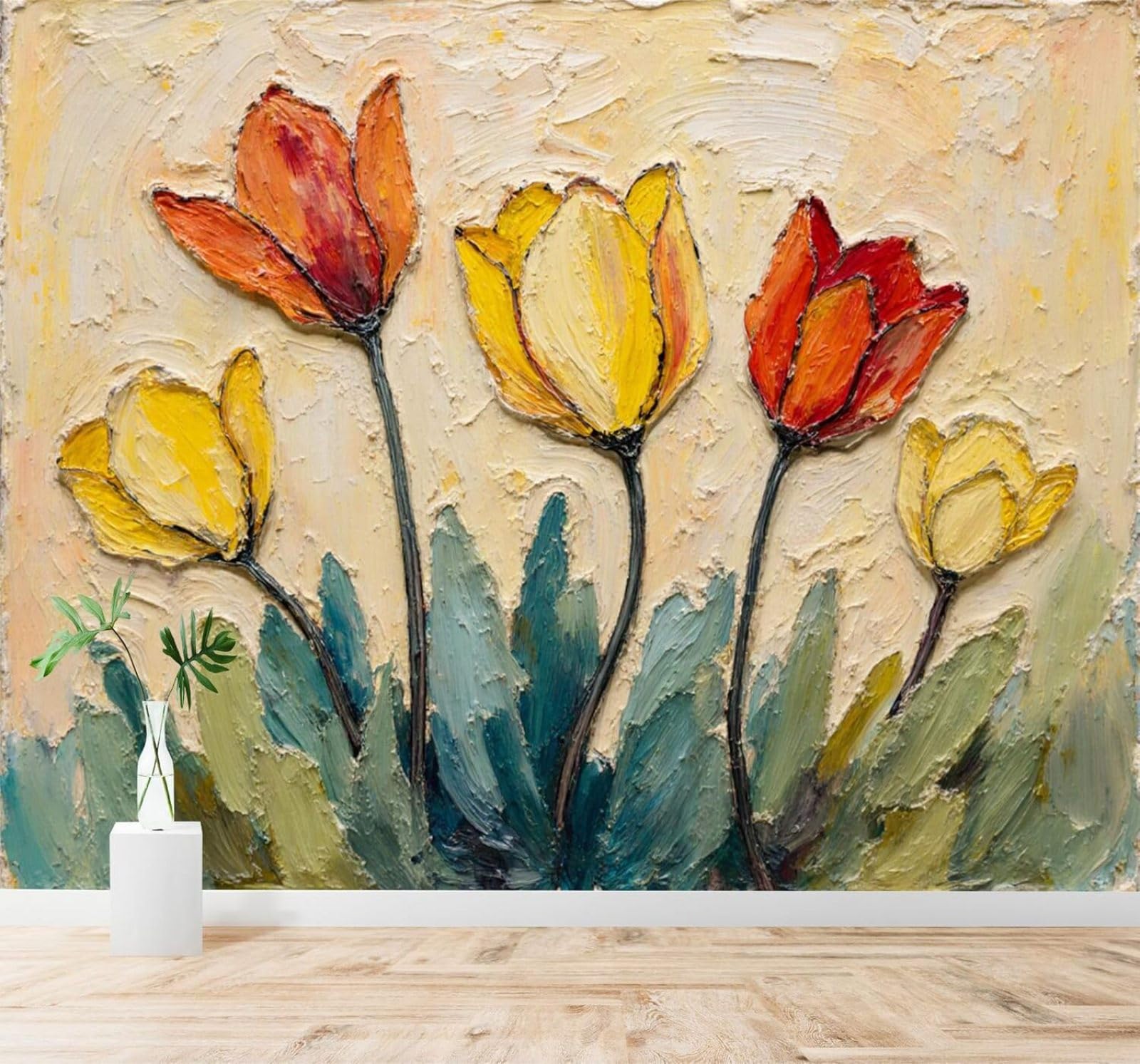 XLMING Vibrant Colours Tulips Textured Brushstrokes Abstract Art 3D Wallpaper Silky Texture Home Study Office Grey Dining Room Sofa Bedroom Living Room TV Backdrop-150cm×105cm