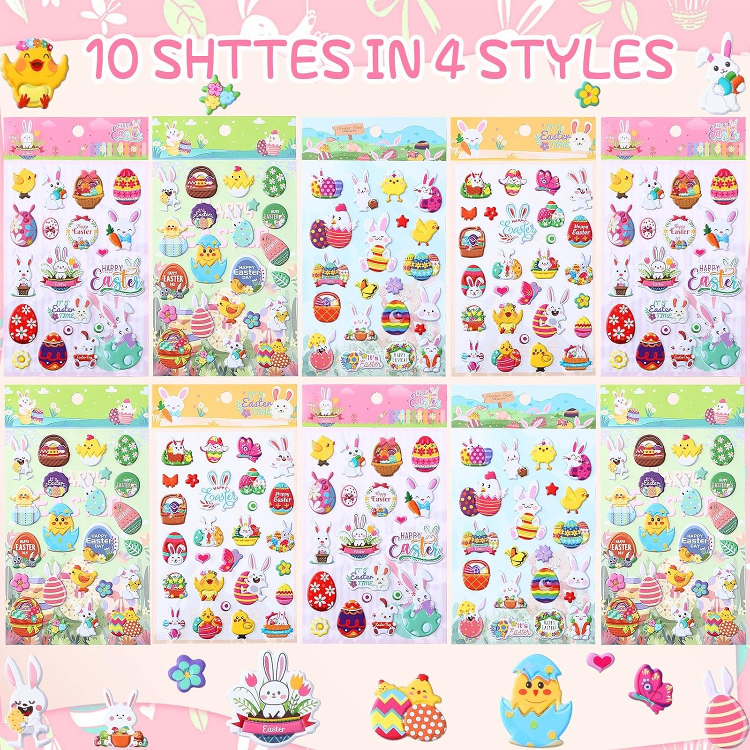 UPINS Easter Puffy Stickers for Kids, 10 Sheets Easter 3D Cute Puffy Stickers Rabbit Egg Carrots Chicke Foam Stickers Decals for Party Favors Scrapbooking DIY Crafts Art Making Decorations