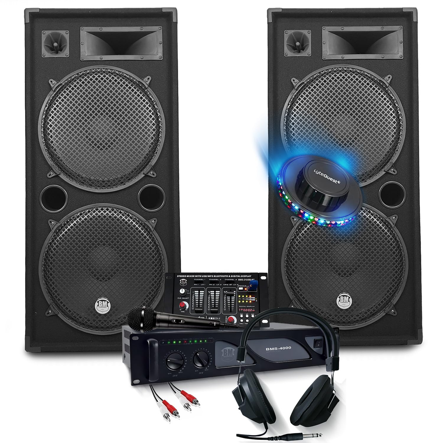Sound-Komplettset 3000 W Verstärkung + Lautsprecher 2 x 2000 W, Mischpult USB, Bluetooth, DJ-Kopfhörer, Kabel, Mikrofon