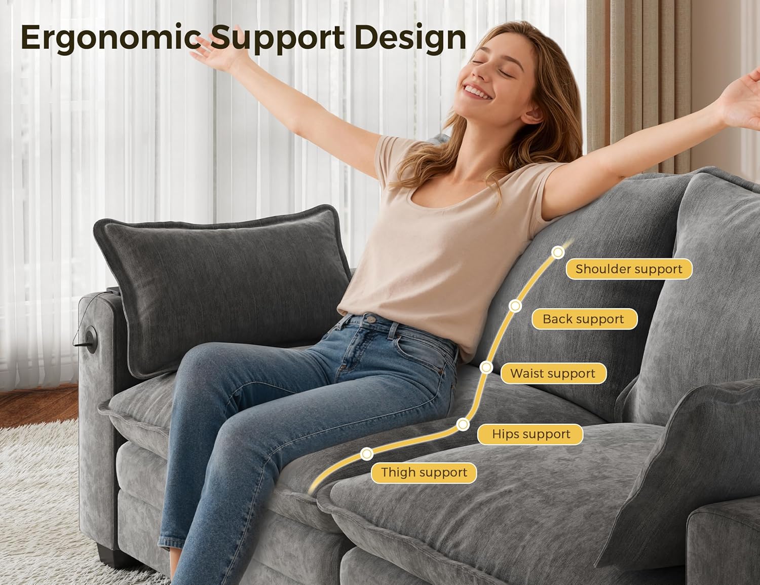 MapleGrace 80" Cloud Sofa Loveseat for Living Room, 2-Seats Couches with Wide Armrest, Storage, Charging Station, Led Lights, Modern Chenille Fabric Sofa for Small Space, Grey