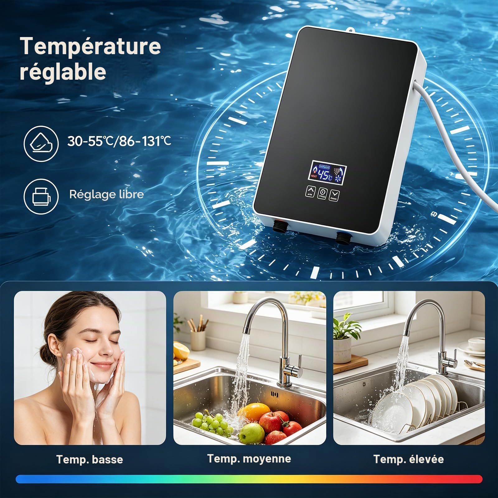Mini Chauffe-eau Électrique Instantané, 6000W avec kit de Affichage LED