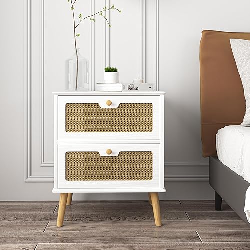 Miniatura 6 de Juego de 2 mesitas de noche blancas de ratán, juego de 2 mesas de noche bohemias para dormitorio, mesita de noche con patas de metal, mesas