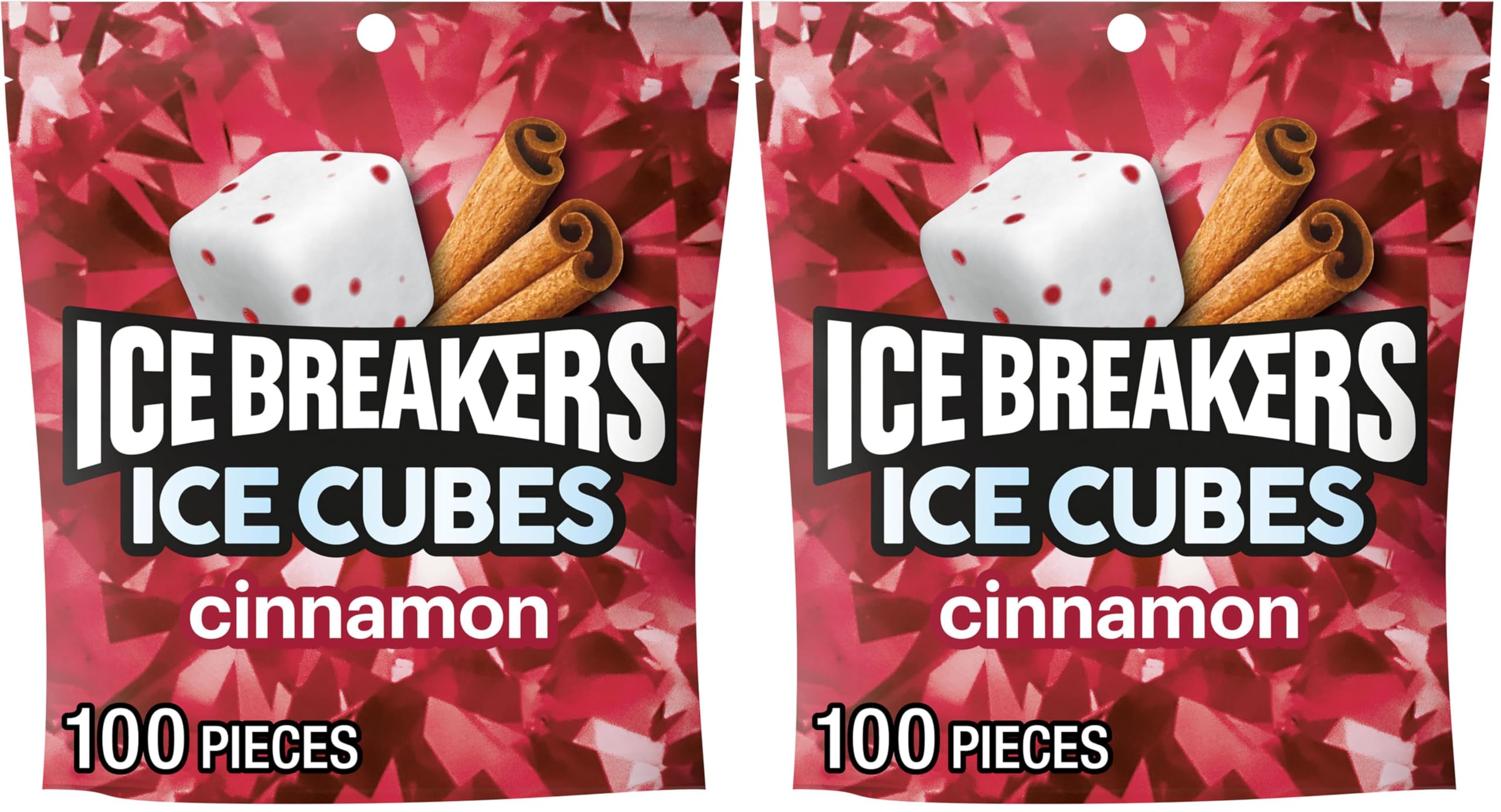 ICE BREAKERS Ice Cubes Cinnamon Sugar Free Chewing Gum Pouch, 8.11 oz (100 Pieces) (Pack of 2)