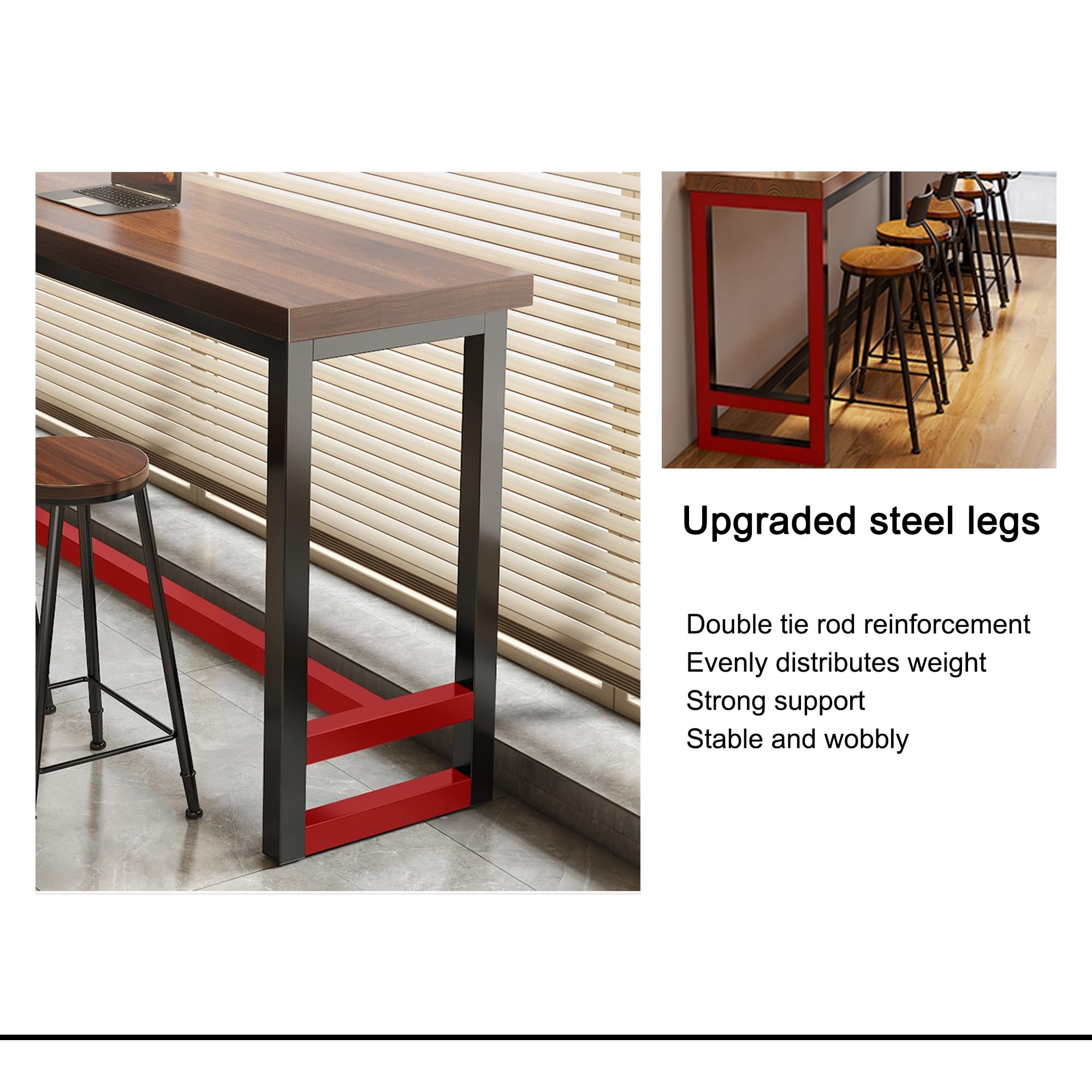 Mesa Alta Bar Rectangular Mesa Auxiliar Cocina Estrecha con Estructura de Metal para Cocina Cafetería Comedor Sala de Estar(Walnut,160x40x105cm)
