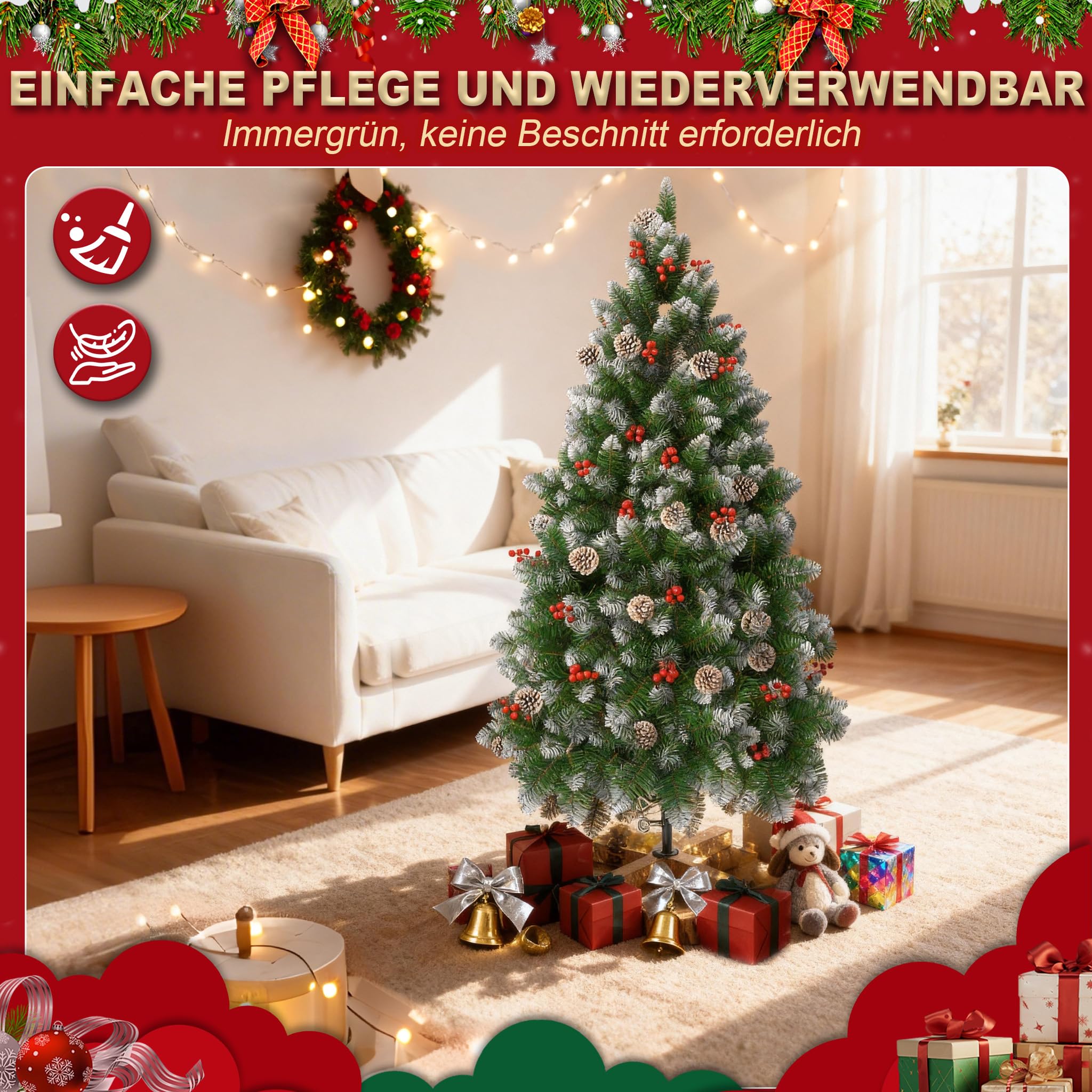 LILIIN Albero di Natale artificiale da 150 cm, effetto neve con pigne e bacche rosse, in PVC, con supporto, Ø 95 cm, albero di Natale infiammabile, per decorazioni natalizie