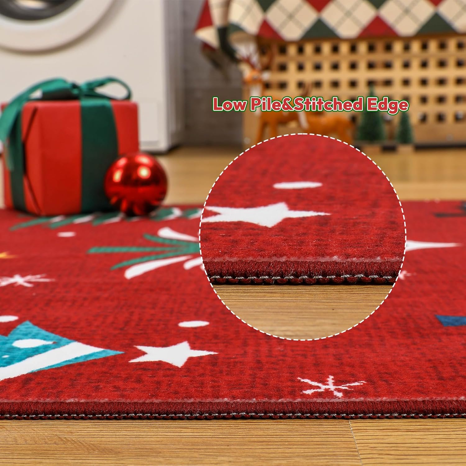 GarveeHome Red 8x10 Area Rugs for Living Room, Washable Rug for Home Decor, Indoor Non Slip Carpet, Soft Low Pile Christmas Rug with Xmas Tree Motif for Bedroom, Dining Room