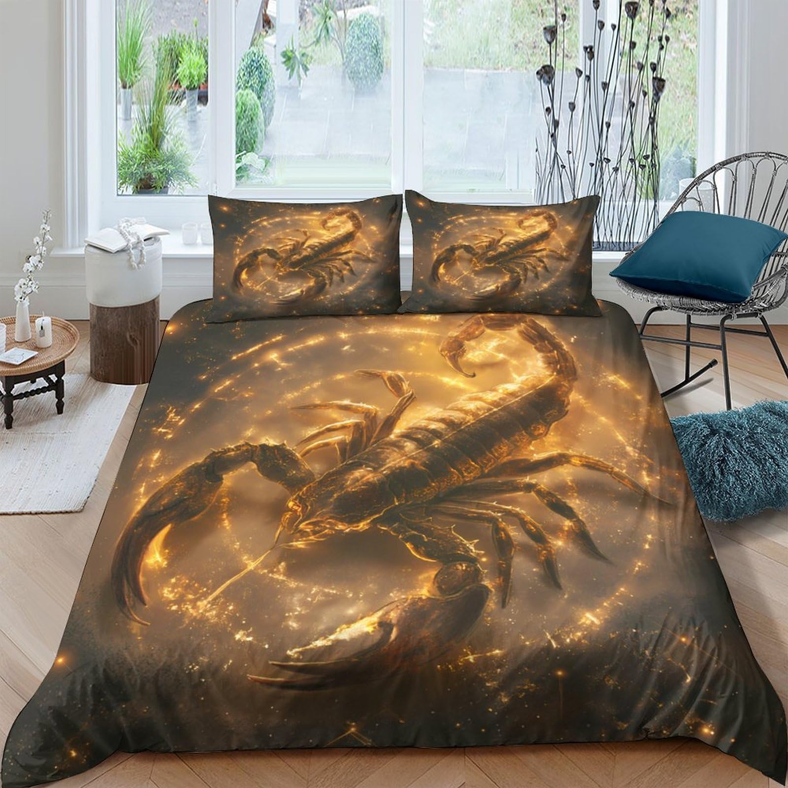 P5V6M1Q9 3D Printed Golden Dragon Duvet Cover Set Microfiber Breathable Scorpion Bedding Set with 2 Pillowcases for Home Bedroom Single（135x200cm）