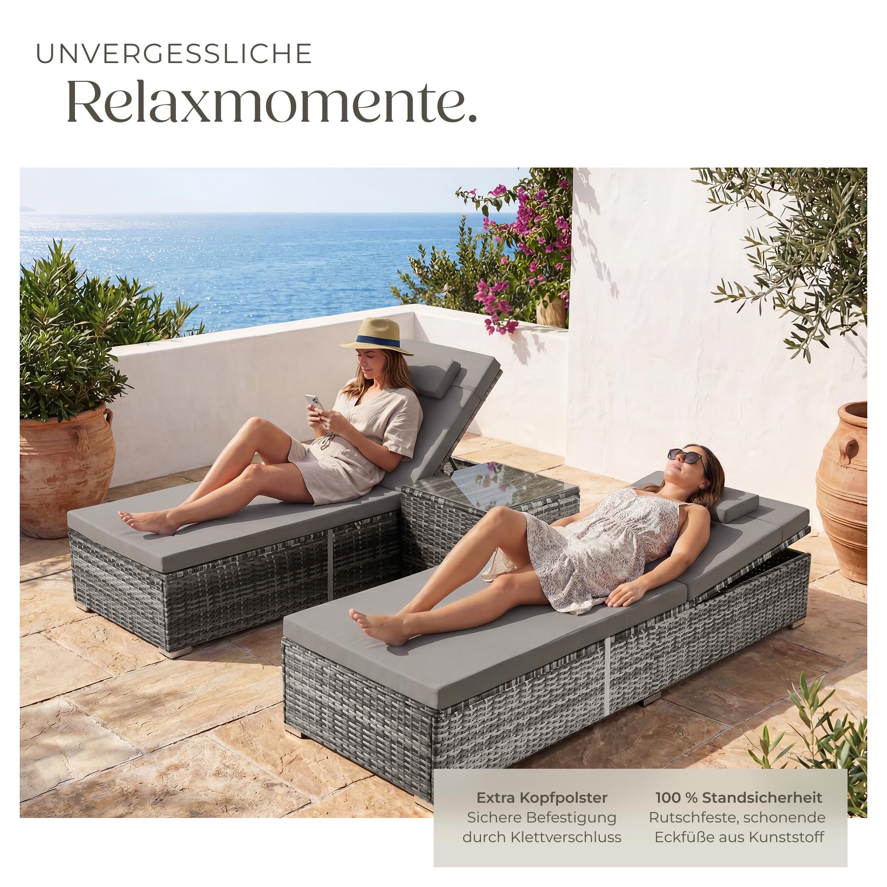 TecTake® Doppelliege für 2 Personen, 6-Fach verstellbare Rückenlehne, inkl. Tisch, wetterfest, 200 kg belastbar, Doppelsitzliege Garten, Sonnenliegen für Zwei, Gartenmöbel Rattan - grau