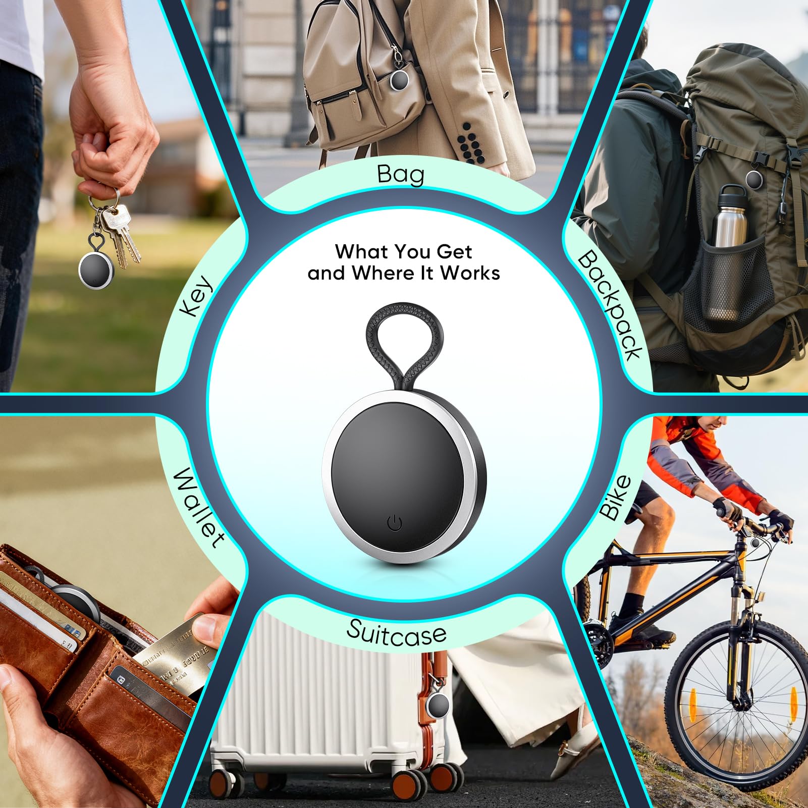 Lot de 4 étiquettes de suivi compatibles avec Apple Find My (iOS uniquement) Bluetooth, localisateur de clés intelligentes et localisateur d'articles avec crochets pour portefeuille, bagages, sac à