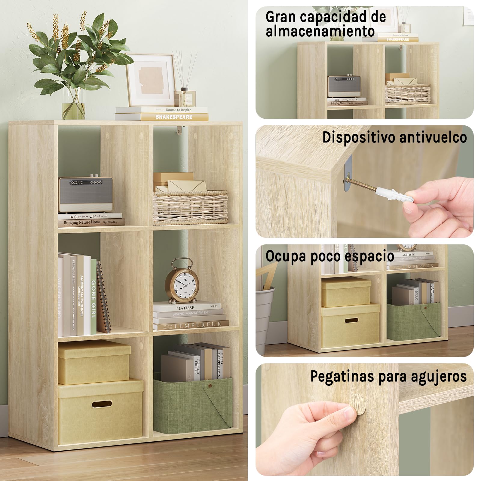 WOLTU Estantería Libreria de Libros de 3 Niveles | de 6 Cubos de Almacenaje, para Salon Estudio y Oficina, Madera, Roble Claro