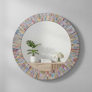 DecorShore Bohemian Rainbow Mosaic Wall Mirror - 24" Handmade Multi-Color Round Glass Tile Framed Decor for Bedroom Bathroom