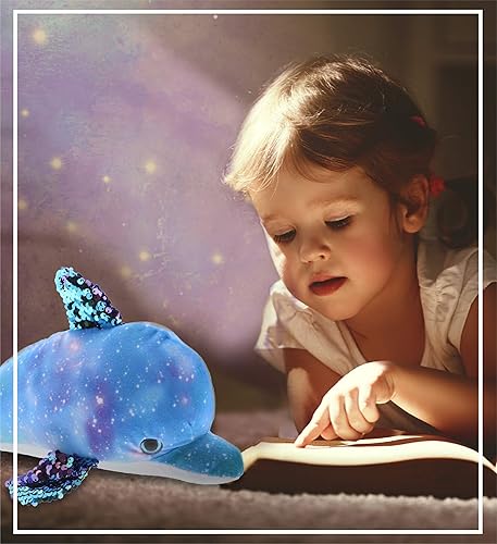 Miniatura 6 de DolliBu Peluche de lentejuelas espaciales, animal de peluche reversible de delfín, lindo animal de peluche con temática espacial para decoración de