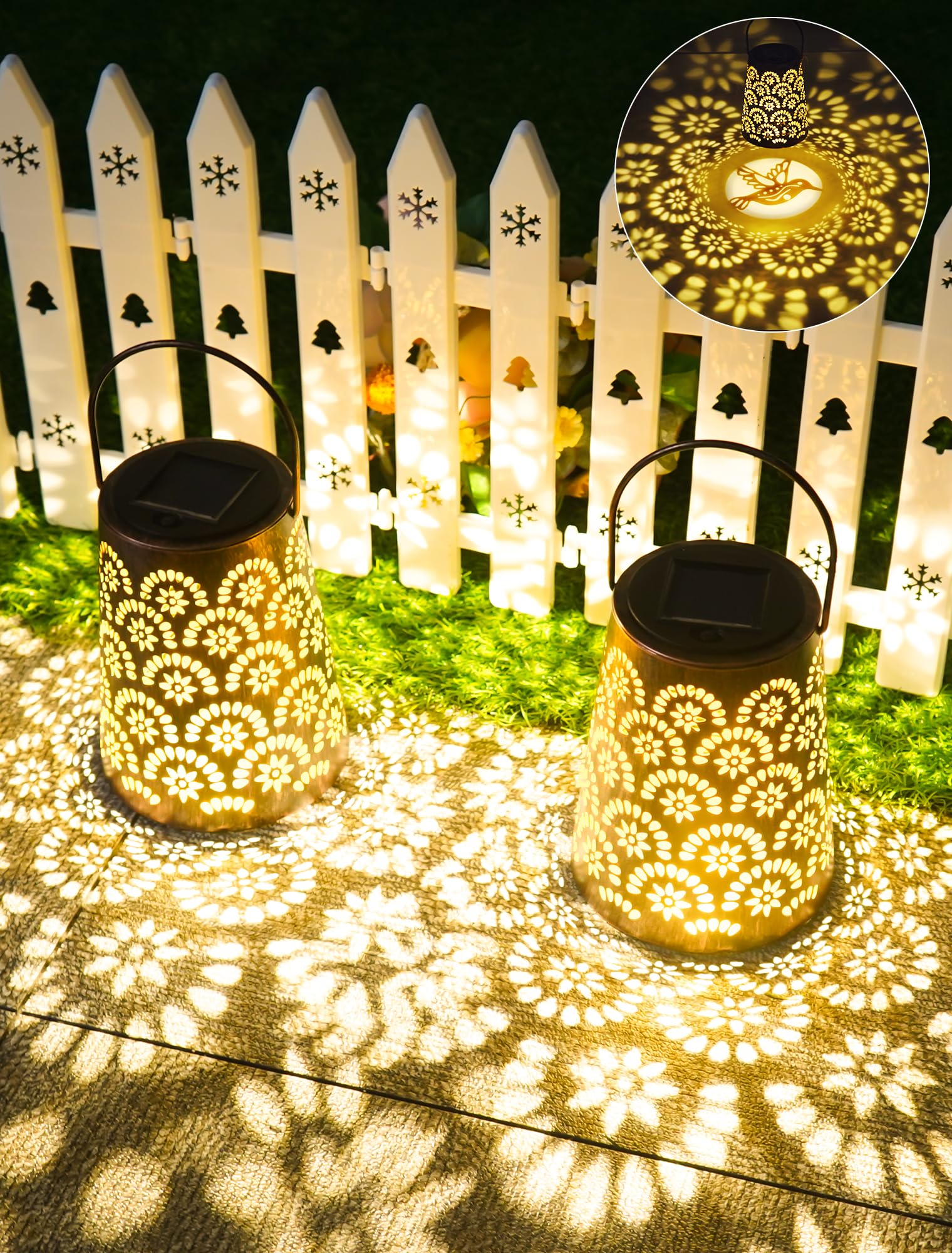 Solarlampen für Außen, 2 Stück Solarlaterne für Außen IP65 Wasserdicht Balkon Deko, Metall LED Gartenleuchte für Dekoration Garten, Gartendeko, Terrasse, Patio, Baum, Camping, Rasen, Hinterhöfe