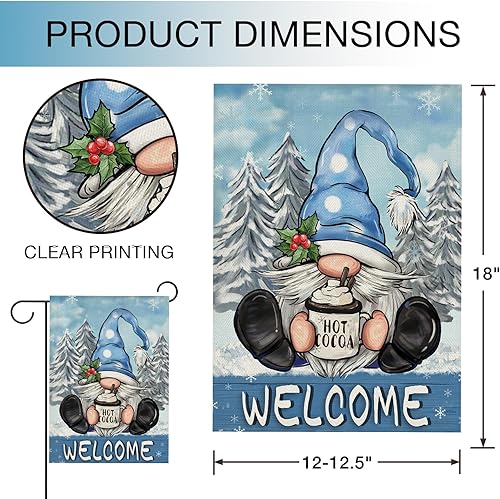 Miniatura 2 de Bandera de jardín de gnomo azul de invierno de bienvenida de doble cara, árbol de pino nevado, copos de nieve de cacao caliente, decoración pequeña