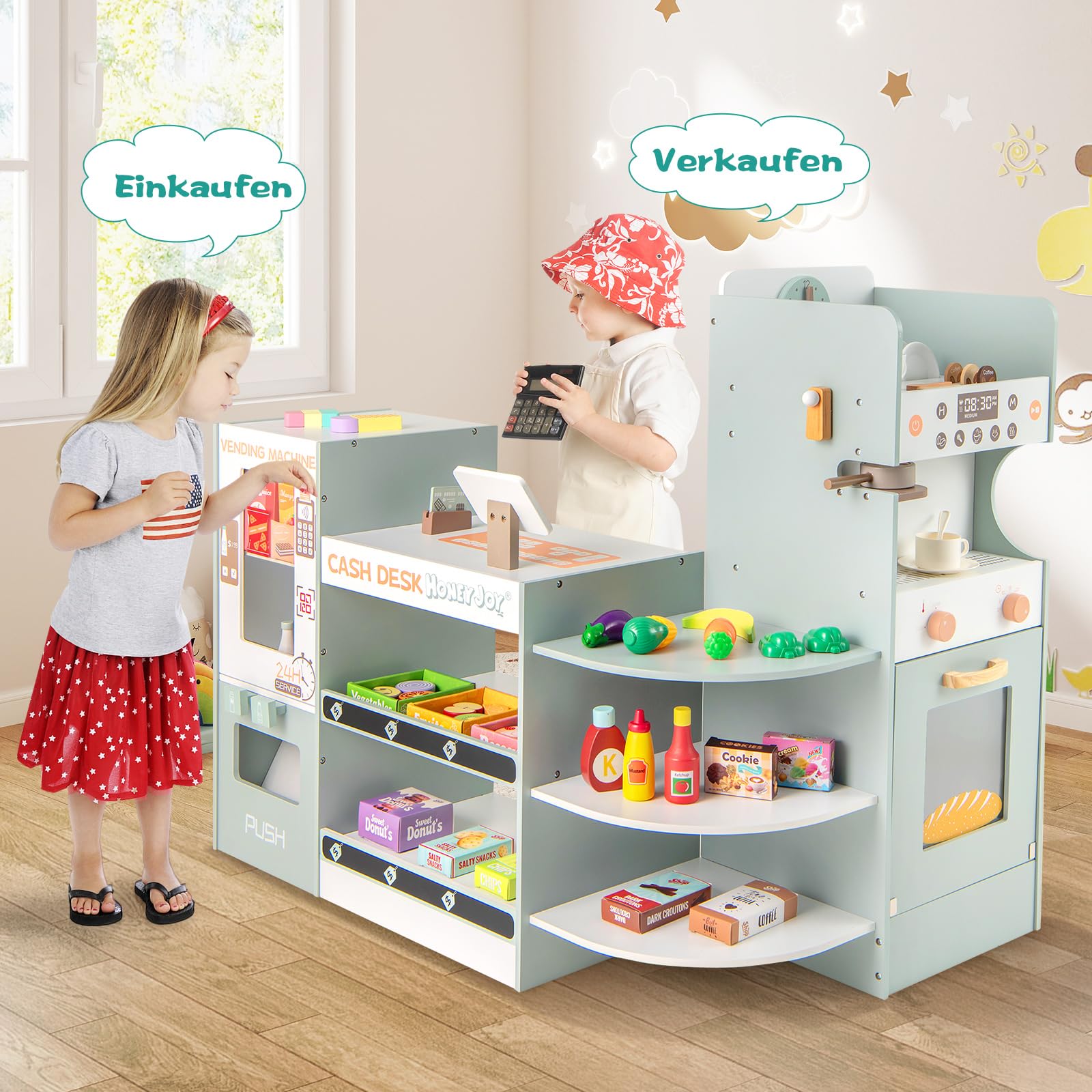 COSTWAY Kaufladen Kinder, Kaufmannsladen Holz inkl. Zubehör (Grün) | Supermarkt mit Verkaufsautomat, Kasse, Kaffeemaschine & Ofen, Verkaufsstand Theken, Einkaufsladen für Kinder ab 3 Jahren