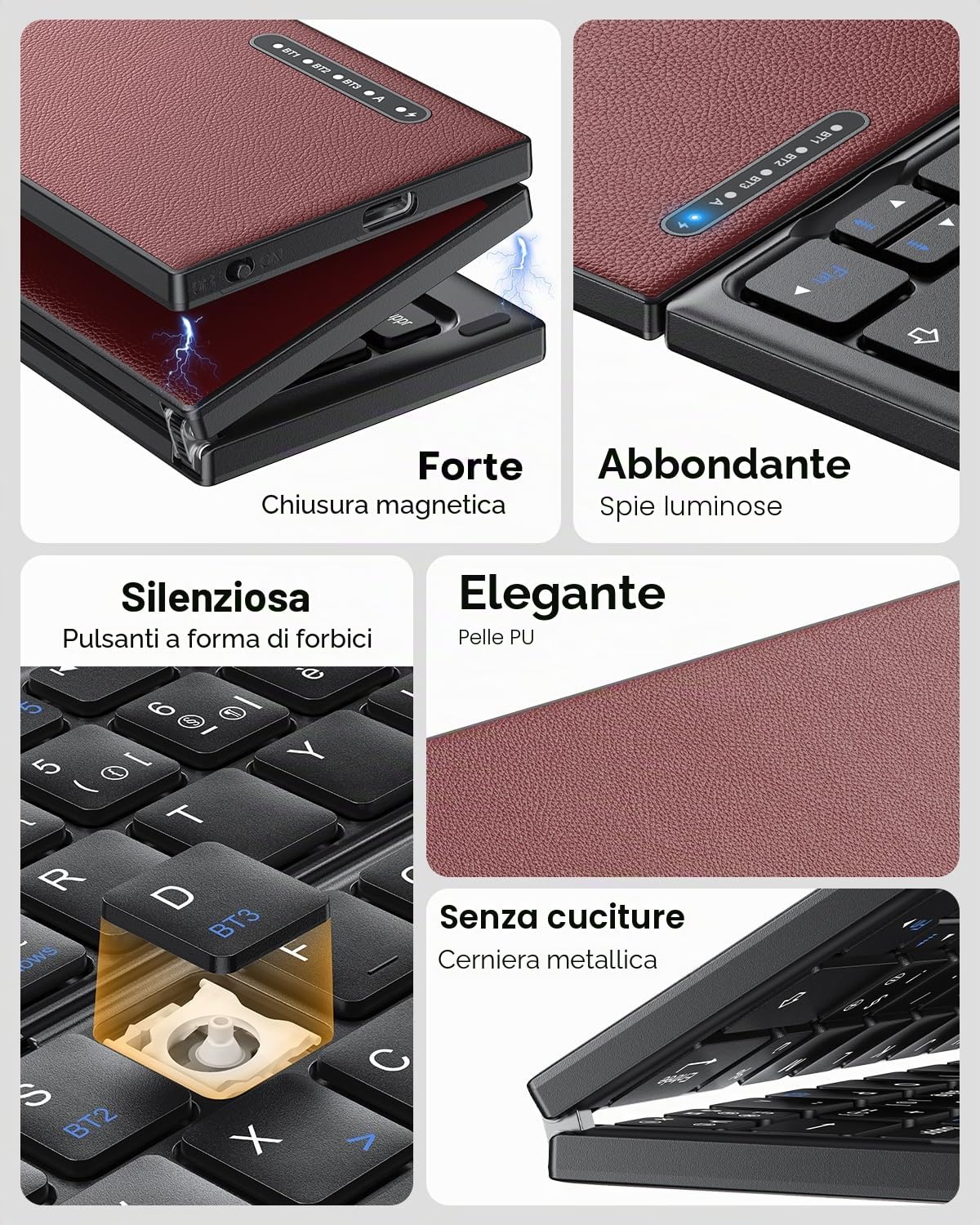 OMOTON Tastiera pieghevole AZERTY Bluetooth con touchpad, Bordeaux | Multidispositivo, portatile, mini tastiera senza fili silenziosa, compatibile con Android Windows iOS Telefono Tablet iPad