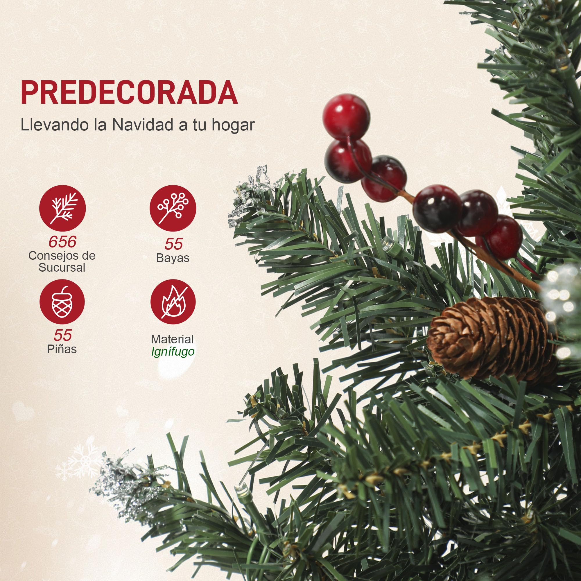 HOMCOM Árbol de Navidad Estrecho 210 cm con Luces LED Verde | Árbol de Navidad, 8 Modos de Iluminación, Ramas con Purpurina Plateada, Piñas, Bayas, Soporte Metálico