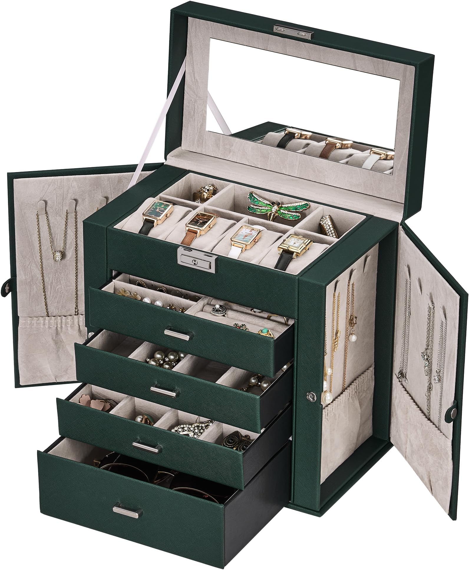 ANWBROAD Jewellery Box 5 Tier Jewelry Storage Organizer Jewelry Case with 4 Drawers with Mirror Lockable Boxes for Women Gift for Loved Ones for Your Sturdy UJJB003G