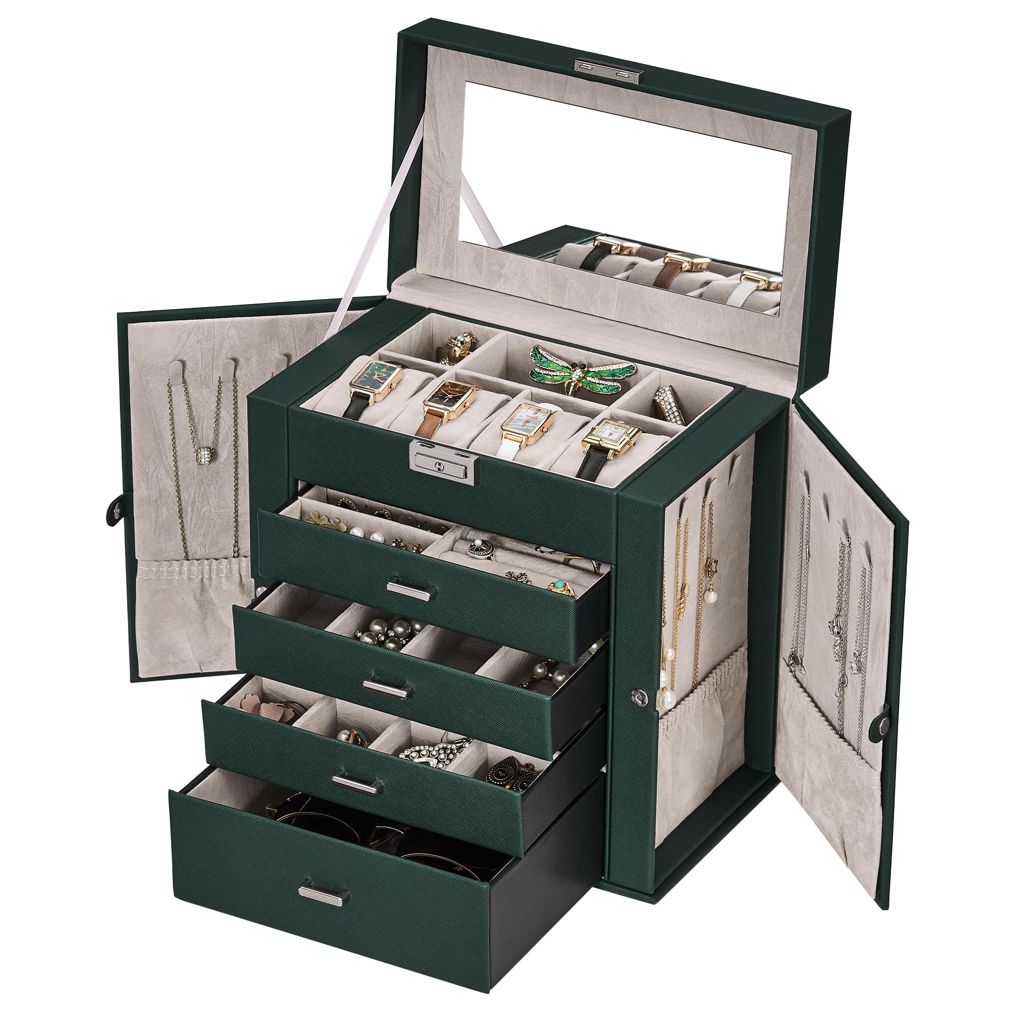 ANWBROAD Jewellery Box 5 Tier Jewelry Storage Organizer Jewelry Case with 4 Drawers with Mirror Lockable Boxes for Women Gift for Loved Ones for Your Sturdy UJJB003G
