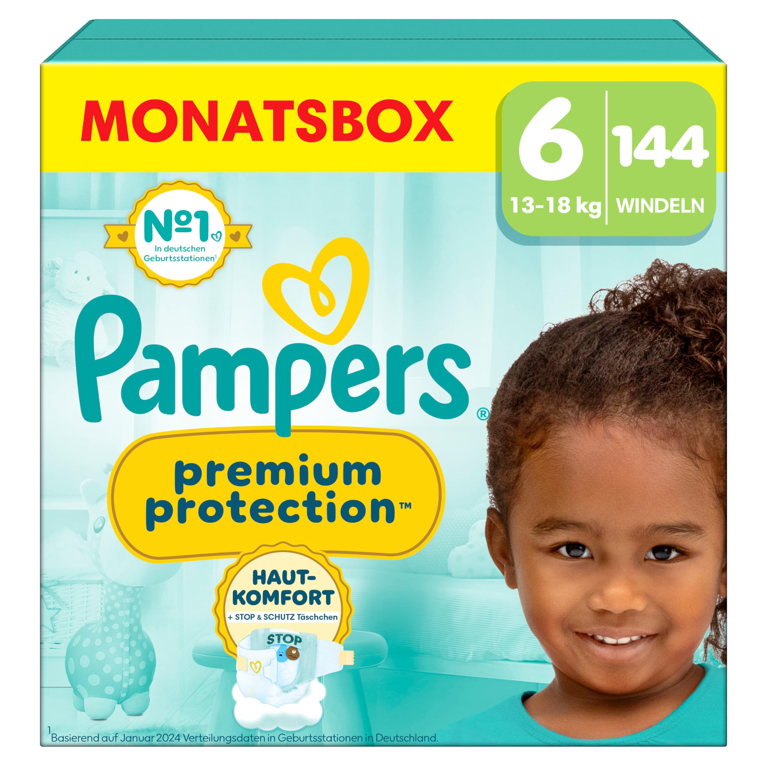 Baby Nappies Size 6 (13 kg+) Premium Protection, Extra Large, Monthly Box, Best Comfort and Protection for Sensitive Skin, Pack of 144