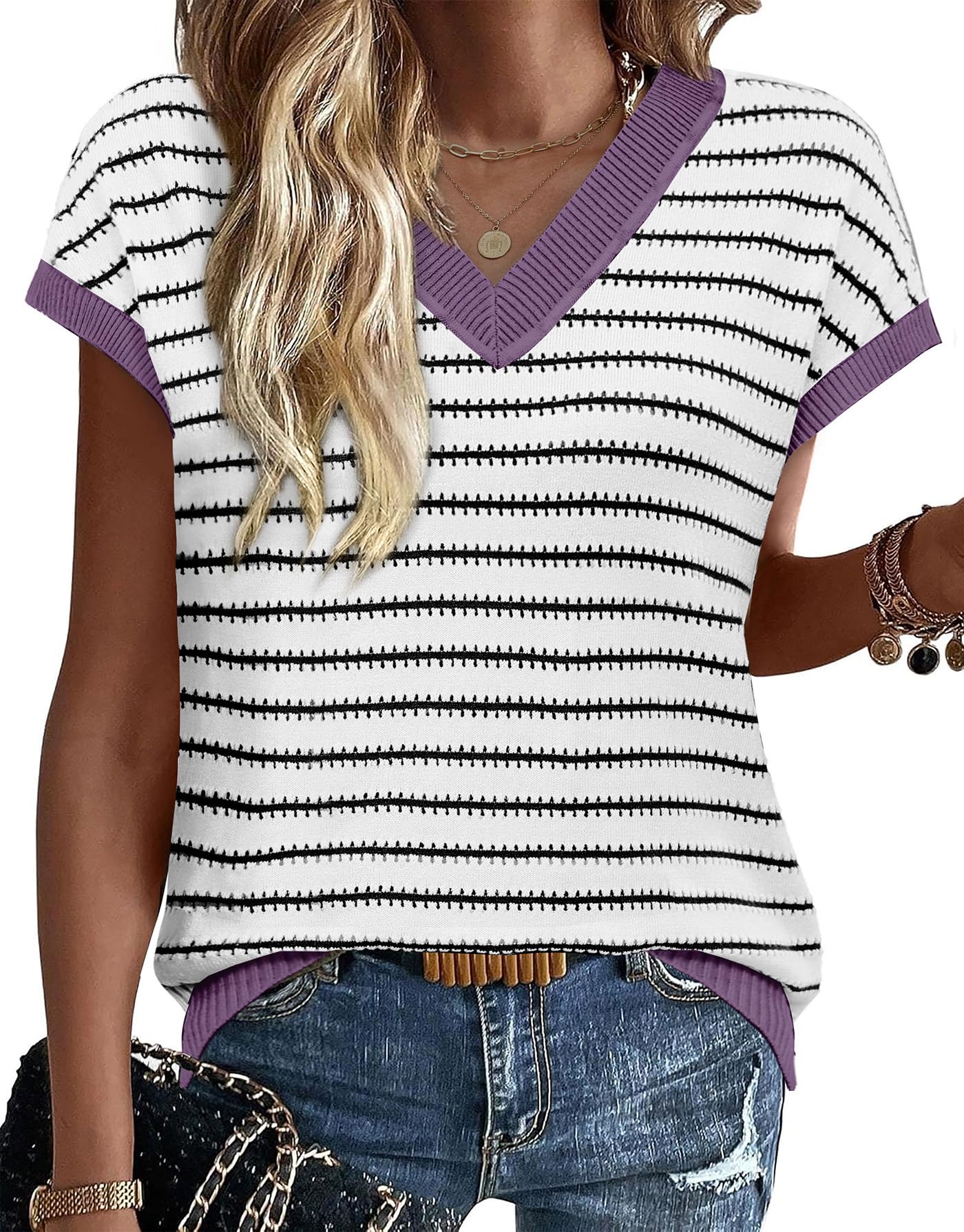 WIHOLL Womens Short Sleeve Sweater V Neck Cute Tops Trendy Spring Summer Striped Pullover Crochet Sweater Vest
