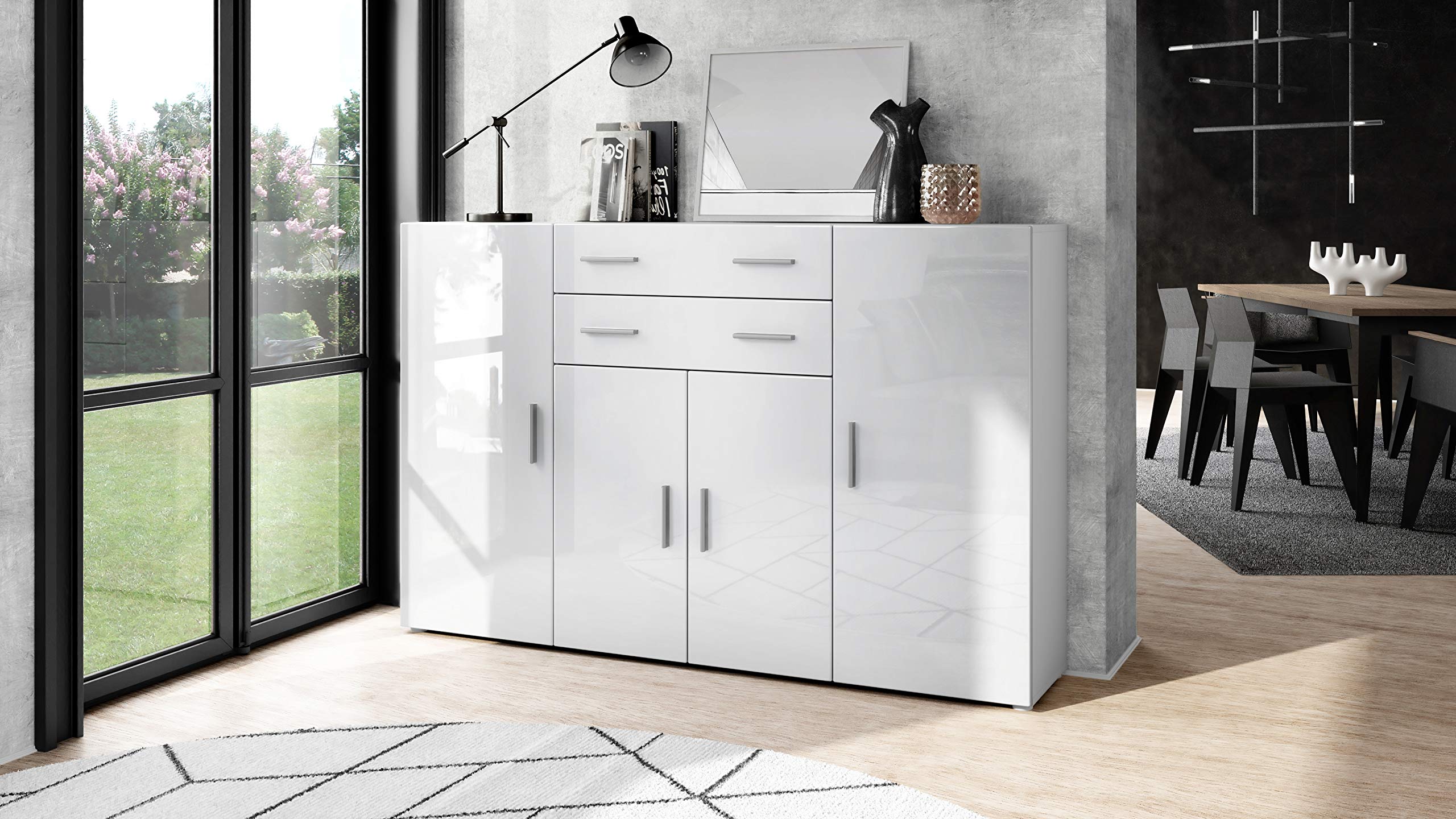 Vladon Highboard Aron Anrichte mit 2 Schubladen und 4 Türen mit insgesamt 8 Fächer dahinter, Weiß matt/Weiß Hochglanz (166,5 x 106,5 x 35 cm)