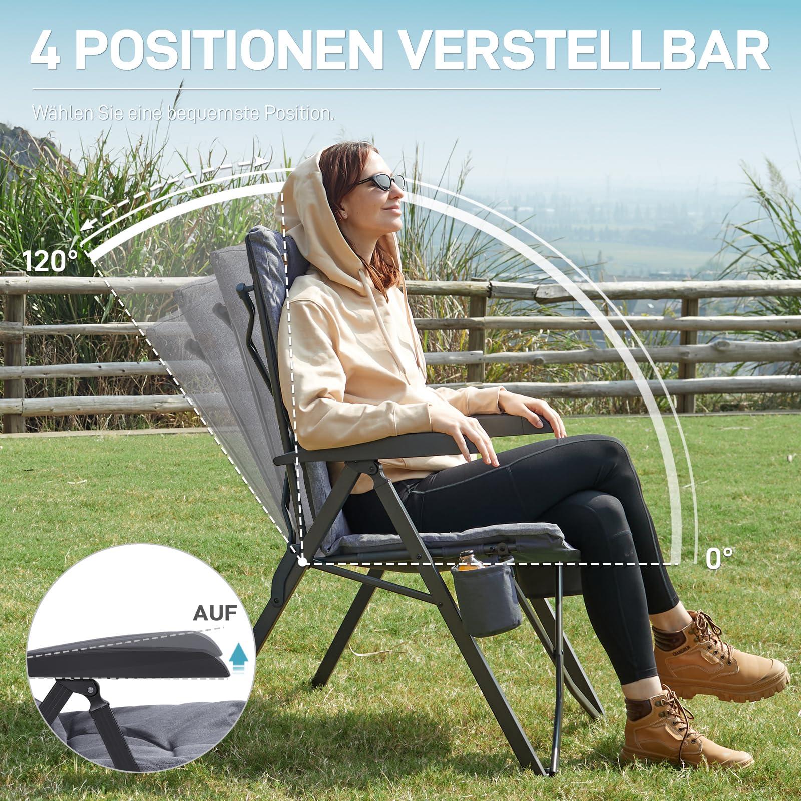 EVER ADVANCED Campingstuhl Faltbar Rückenverstellbar in 4 Positionen bis 150 KG Klappstuhl 6cm Dicke Gepolstert mit Seitentasche Getränkhalter Gartenstuhl Hohe Lehne Angelstuhl für Camp Garten Balkon