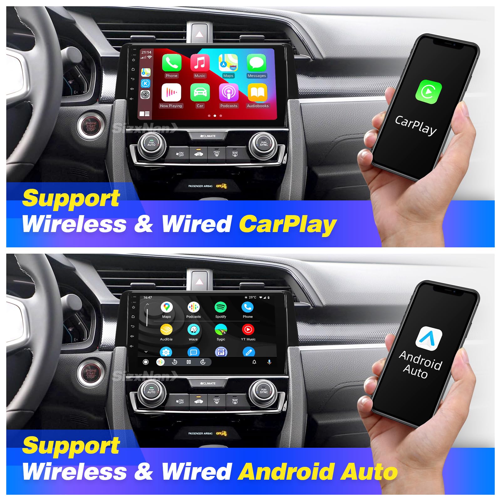 SizxNanv Android Radio Updated for Honda Civic 2016-2021 Touch Screen Compatible with Wireless Carplay Android Auto,Car Stereo Bluetooth Navigation Multimedia Player GPS WiFi Backup Camera Head Unit