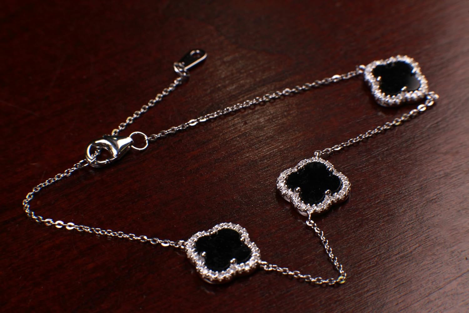 Oppy's 925 Sterling Silver Black Onyx Four Leaf Flower Charm CZ Adjustable 7”to 8.25" Silver Bracelet, Love unity Good luck charm