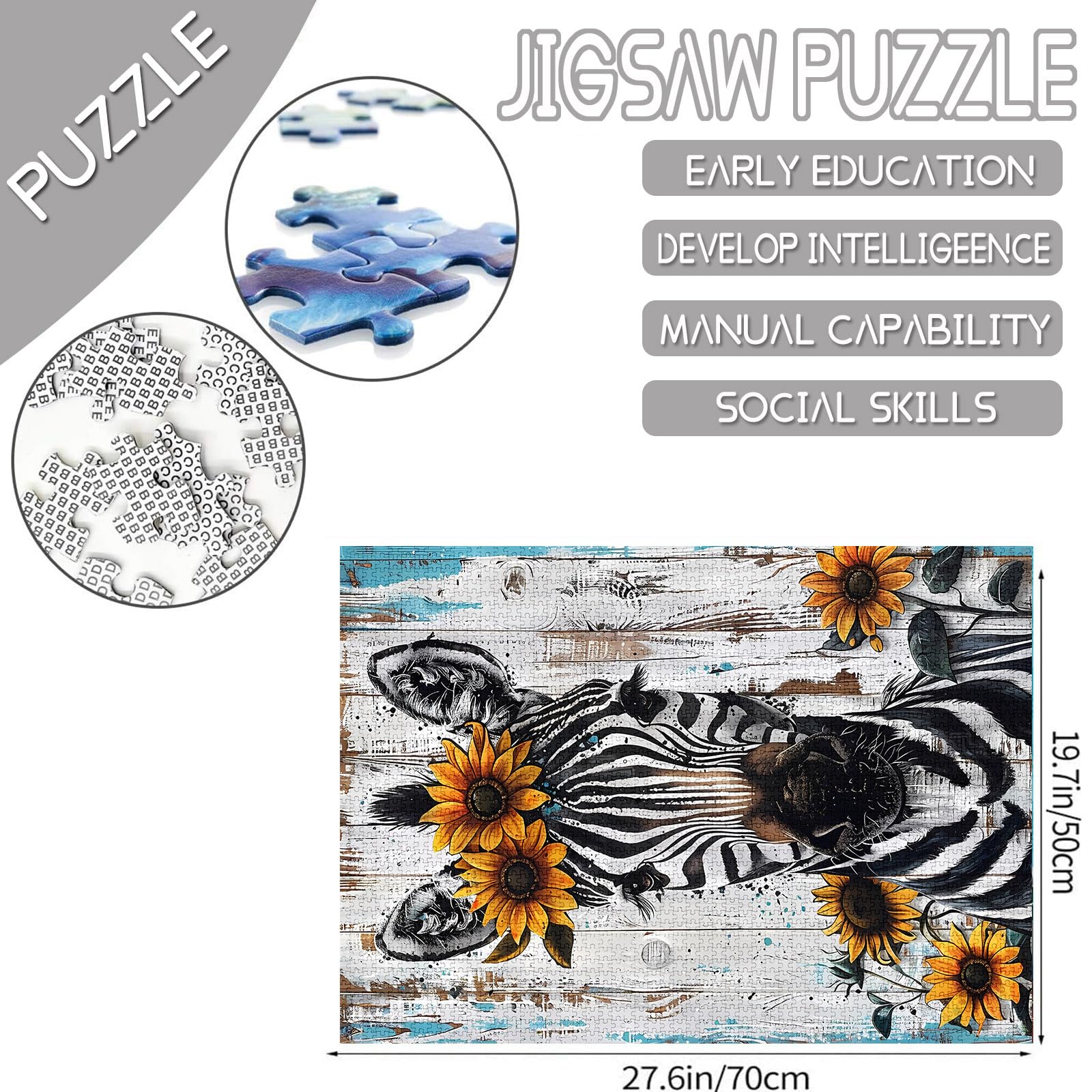 1000 Piece Jigsaw Puzzles for Adults Zebra Painting Jigsaw Puzzle Zebra Sunflower Crown Puzzles for Challenging Family Activity Game Animal Art DIY Puzzle Wall Decor Retro Gifts(Colorful) - Image 2