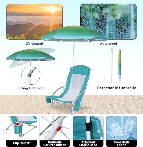 Miniatura 10 de WGOS Silla de playa plegable para adultos silla de campamento con respaldo alto con paraguas y bolsa de refrigeración gran sombra portátil y ligera