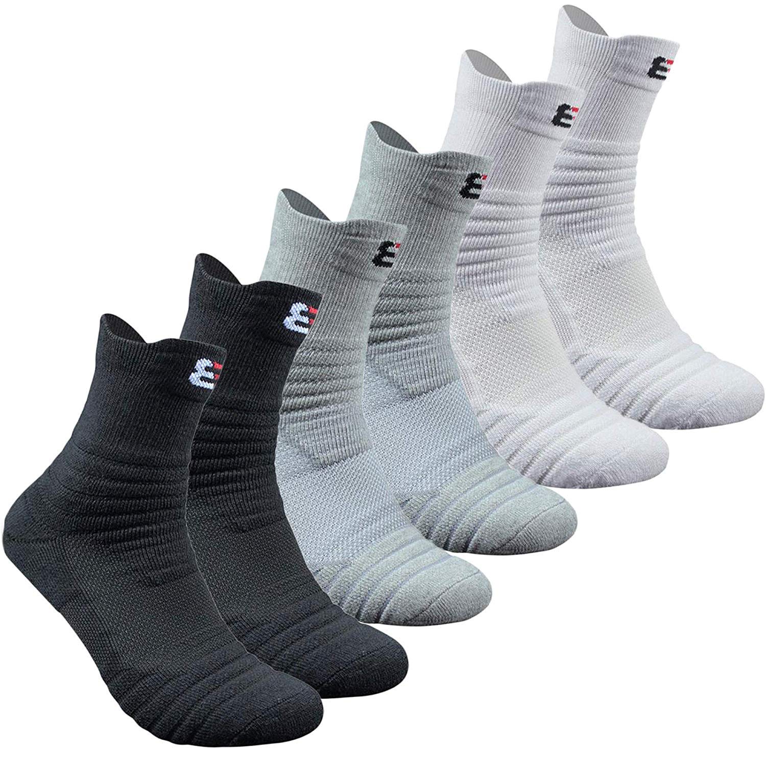 Pelisy Men's Compression Trainer Hiking Basketball 6 Pack For Running Walking Socks, Black - White - Grey, 8-10