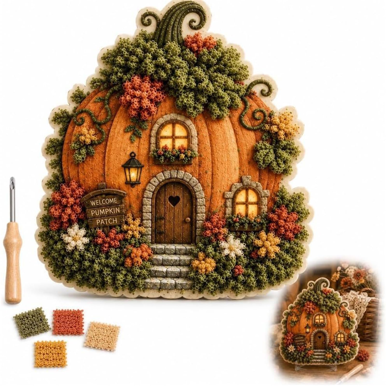 Whimsical Village 3D Fabric Poke Art Kit Mushroom Cottage Craft (#F)