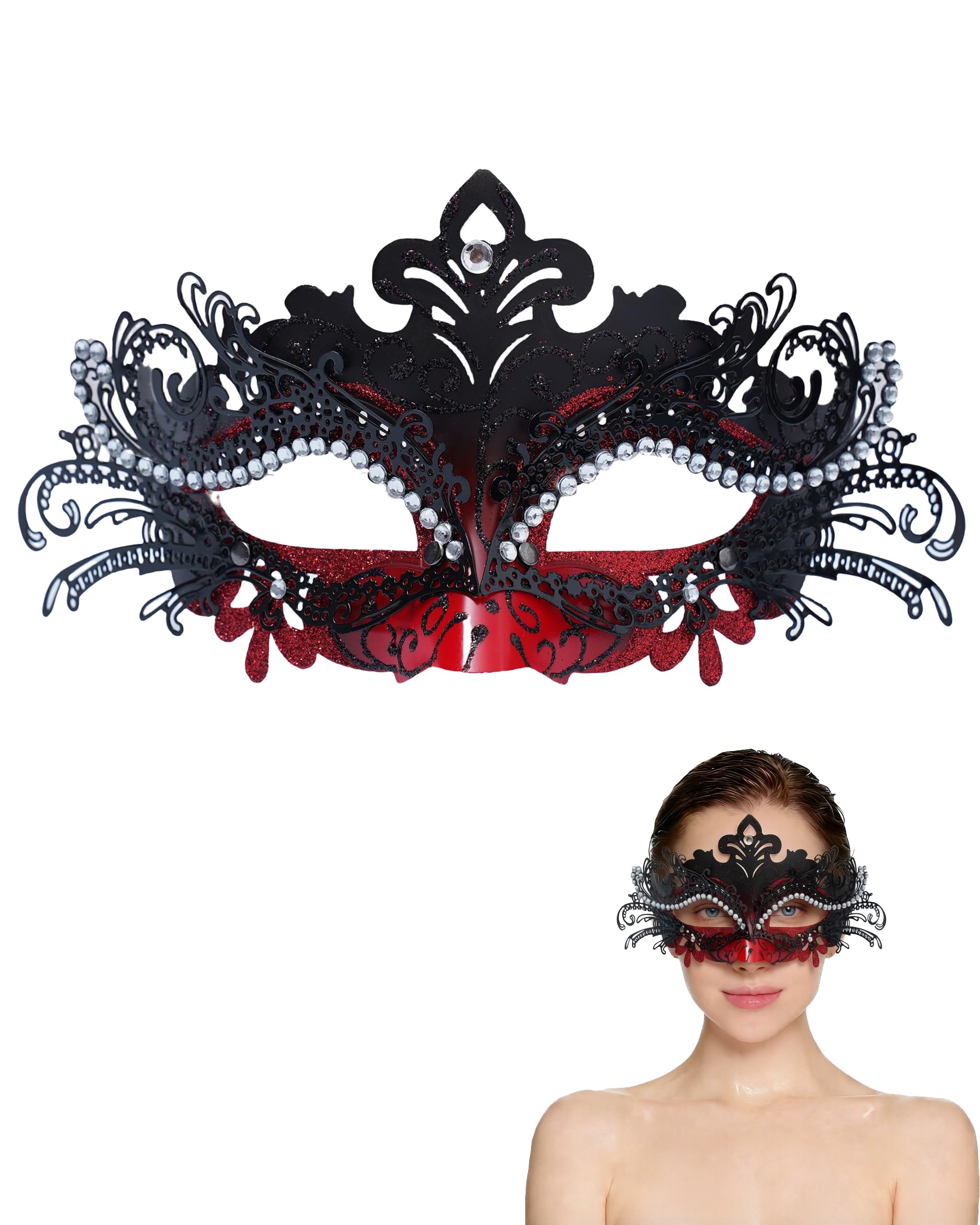 HeHeGe Masquerade Mask for Women Metal Shiny Rhinestone Venetian Mask Prom Mardi Gras Ball Wedding & Halloween Party (red)