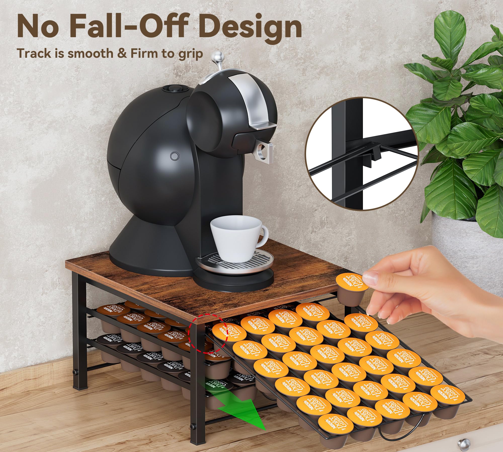 Coffee Pod Holder for Dolce Gusto 90 Capsules Storage Drawer, 3-Tier Thick Metal with Sturdy Wooden Top - Image 2