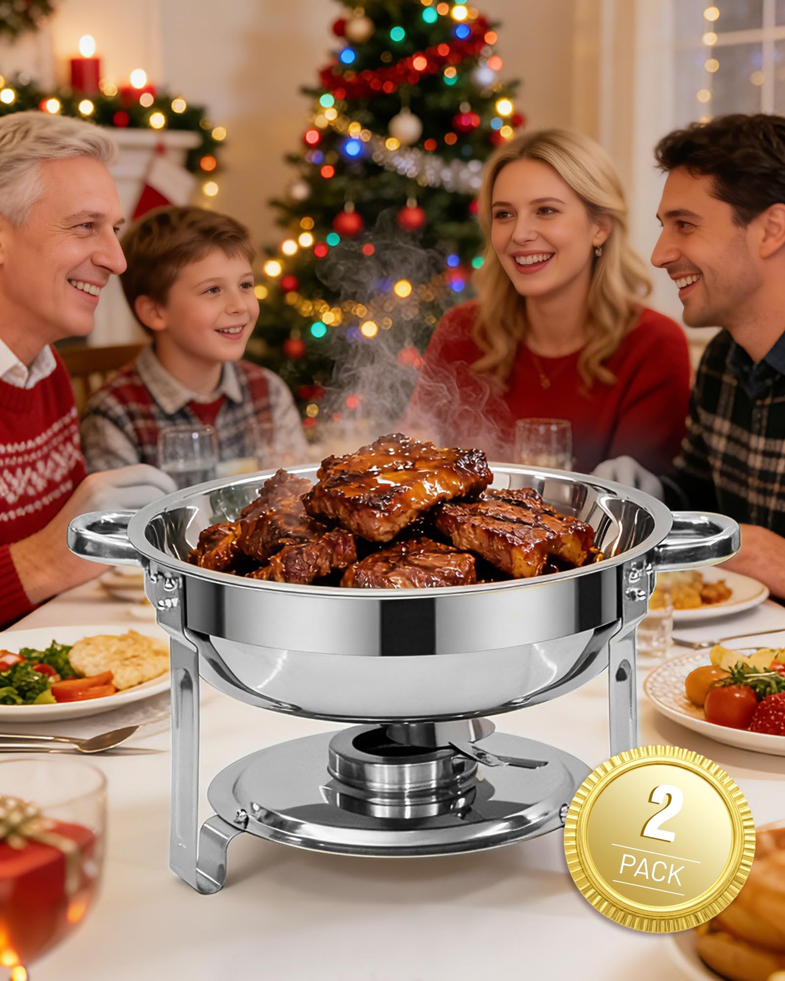 Speisenwärmer 6L Warmhaltebehälter Essen Edelstahl, Chafing Dish Buffet | 2PCS Runder warmhalteplatte grillgut für Partys Geburtstage Feiertage Kirchenveranstaltungen, Silber