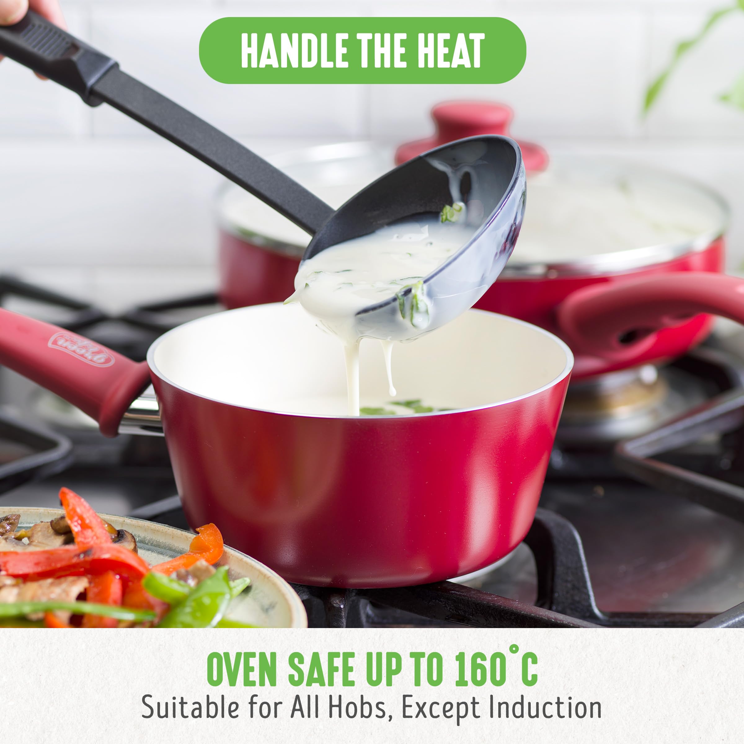 GreenLife Soft Grip Batterie de Cuisine avec Revêtement Antiadhésif Sain en Céramique Sans PFAS 16 Pièces, Avec des Poêles, Casseroles, Faits-touts, Marmites, Lave-vaisselle, Compatible au Four, Rouge