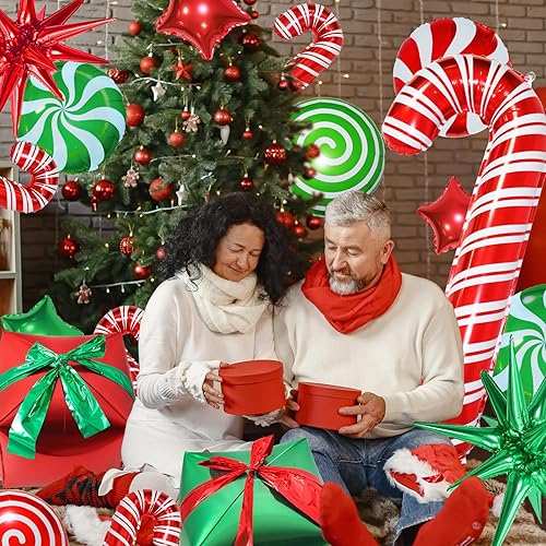 Miniatura 4 de JANEF 32 globos de papel de aluminio de Navidad, globos grandes de remolino de bastón de caramelo rojo, blanco, verde, globos de papel de aluminio