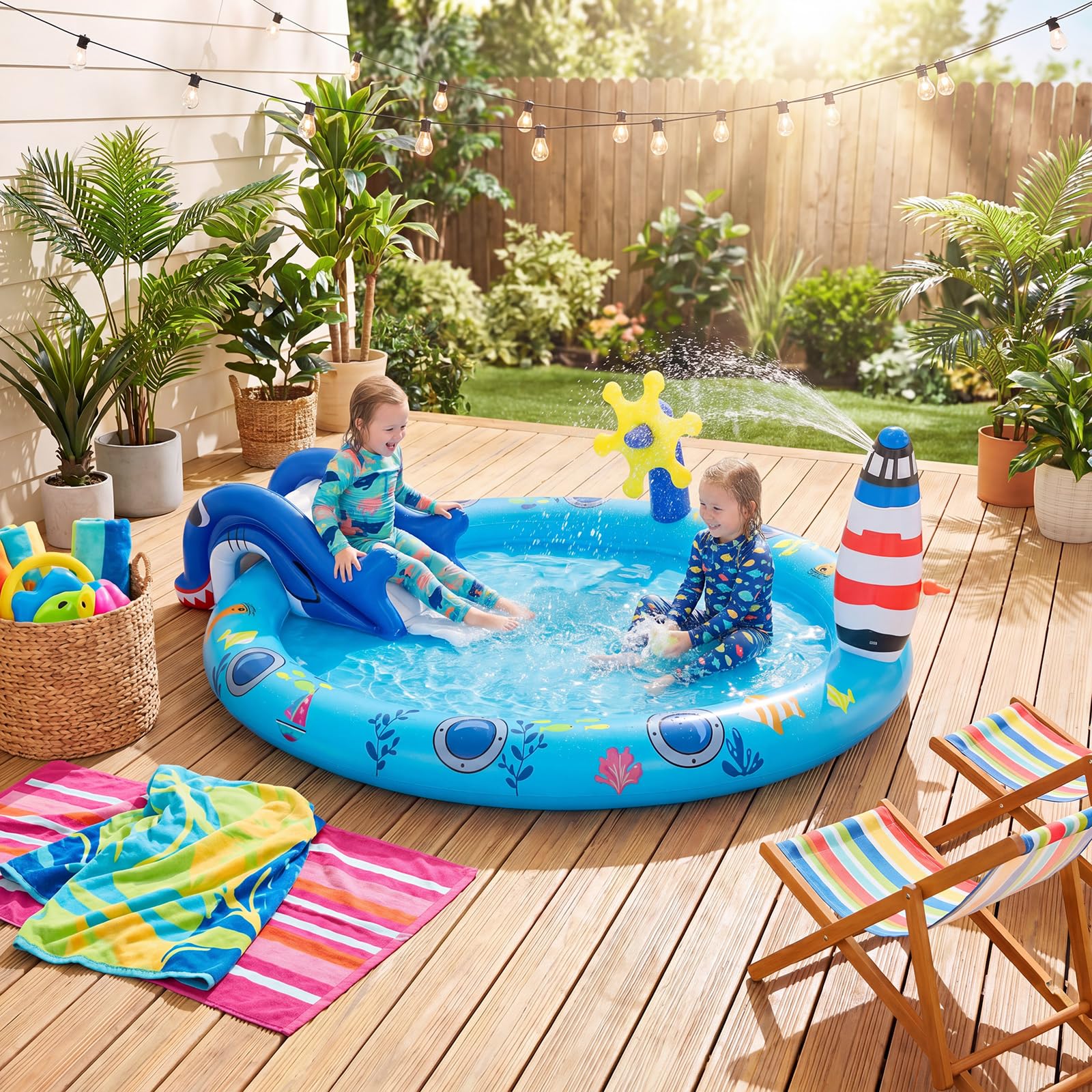 HOMASIS Piscina Gonfiabile per Bambini 2-6 Anni, Piscinetta con Scivolo Sicuro, Spruzzo a Faro e Giocattoli, Parco di Giochi in Vinile, Gonfiaggio Facile, per Cortile e Giardino, 188 x 153 x 63 cm