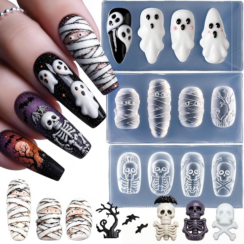Halloween Silicone Nail Molds, Resin Nail Charms Templates for Nail Art | 3Pcs Gothic Halloween Silicone Nail Stencils, 3D Ghost Mummy Skeleton Reusable Molds for DIY Acrylic Nail Charms Decorations