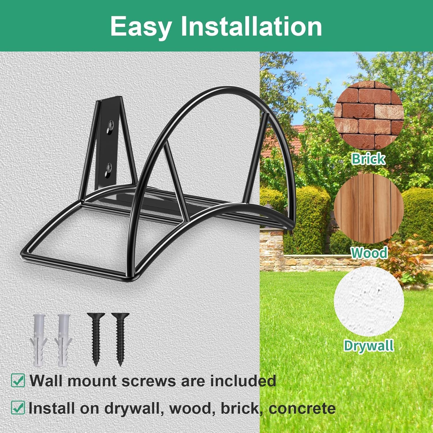 TomCare Soporte de manguera de jardín para montaje en pared, soporte resistente para manguera de agua de 150 pies, colgador de manguera de metal, carrete de manguera duradero, organizador de