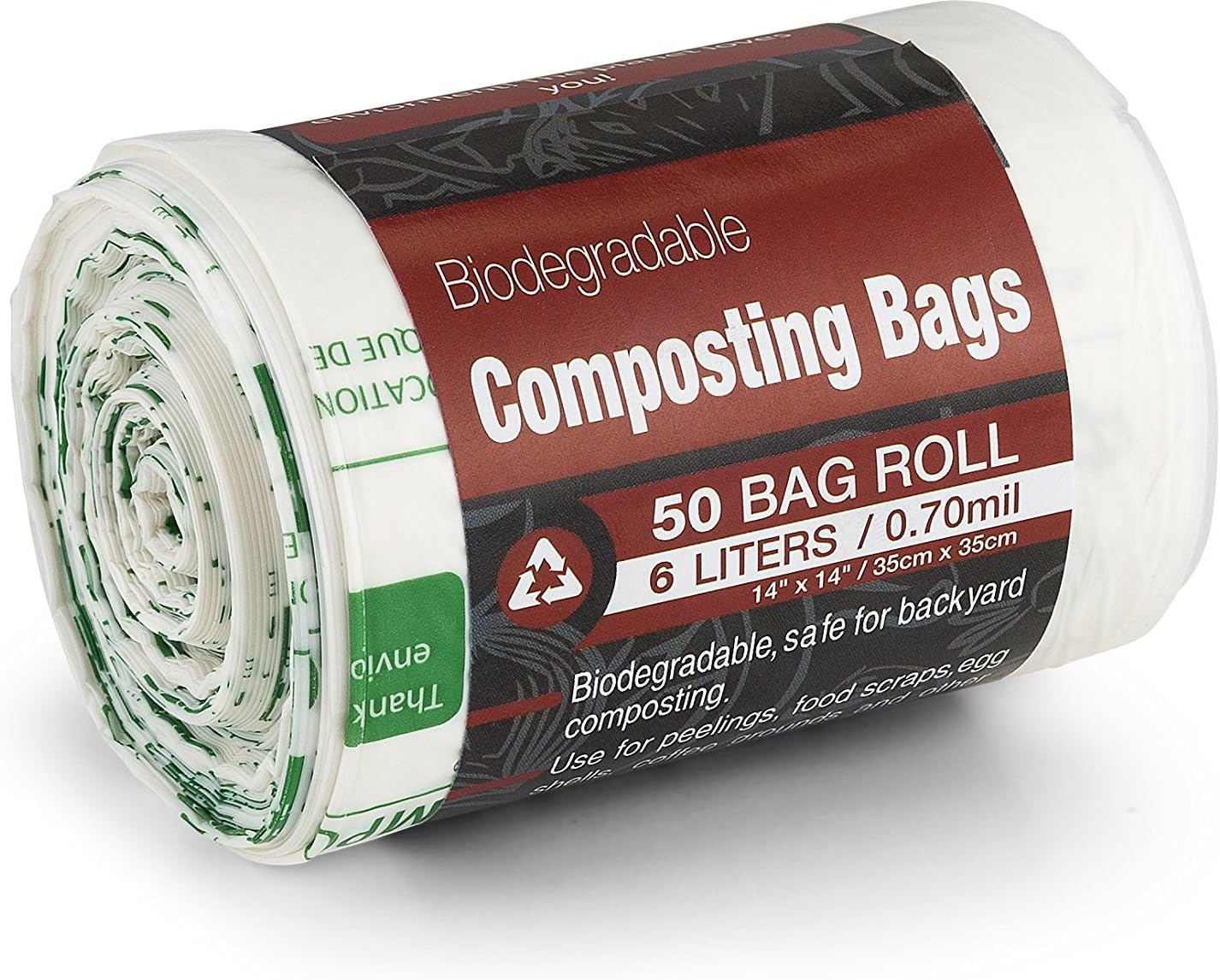 Kitchen Maestro Biodegradable Food Waste Compost Bag and Liner, Roll of 50 Bags (6 Liter Capacity) - Safe for home/backyard composting.