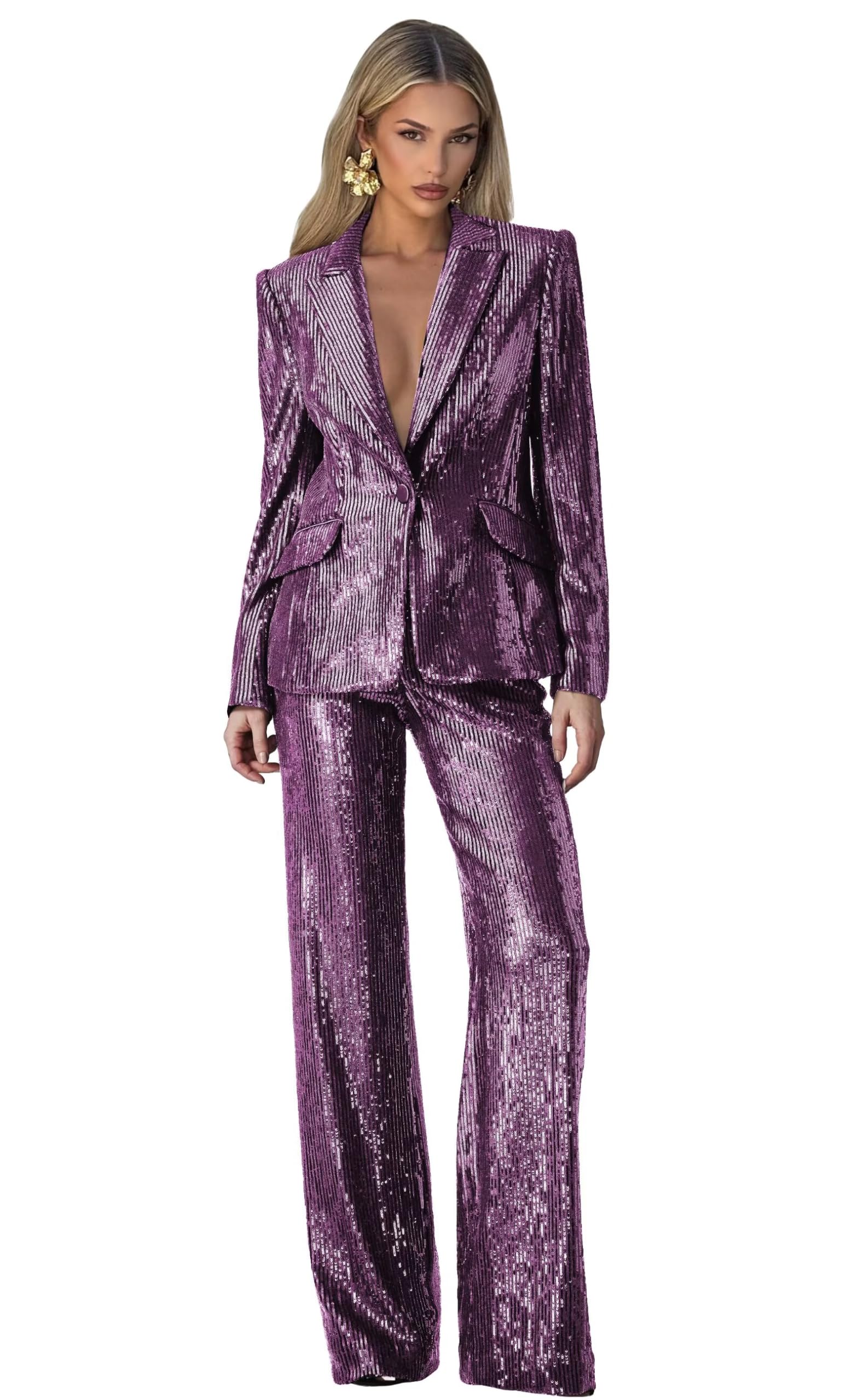 Sequin Suits for Women Dressy 2 Piece Womens Suit Glitter Sparkly V Neck 1 Button Womens Suits for