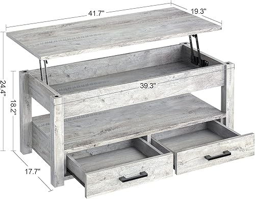 Miniatura 3 de FABATO Mesa auxiliar elevable de 41.7 pulgadas con compartimento oculto para sala de estar, mesa de cóctel de mediados de siglo con 2 cajones de