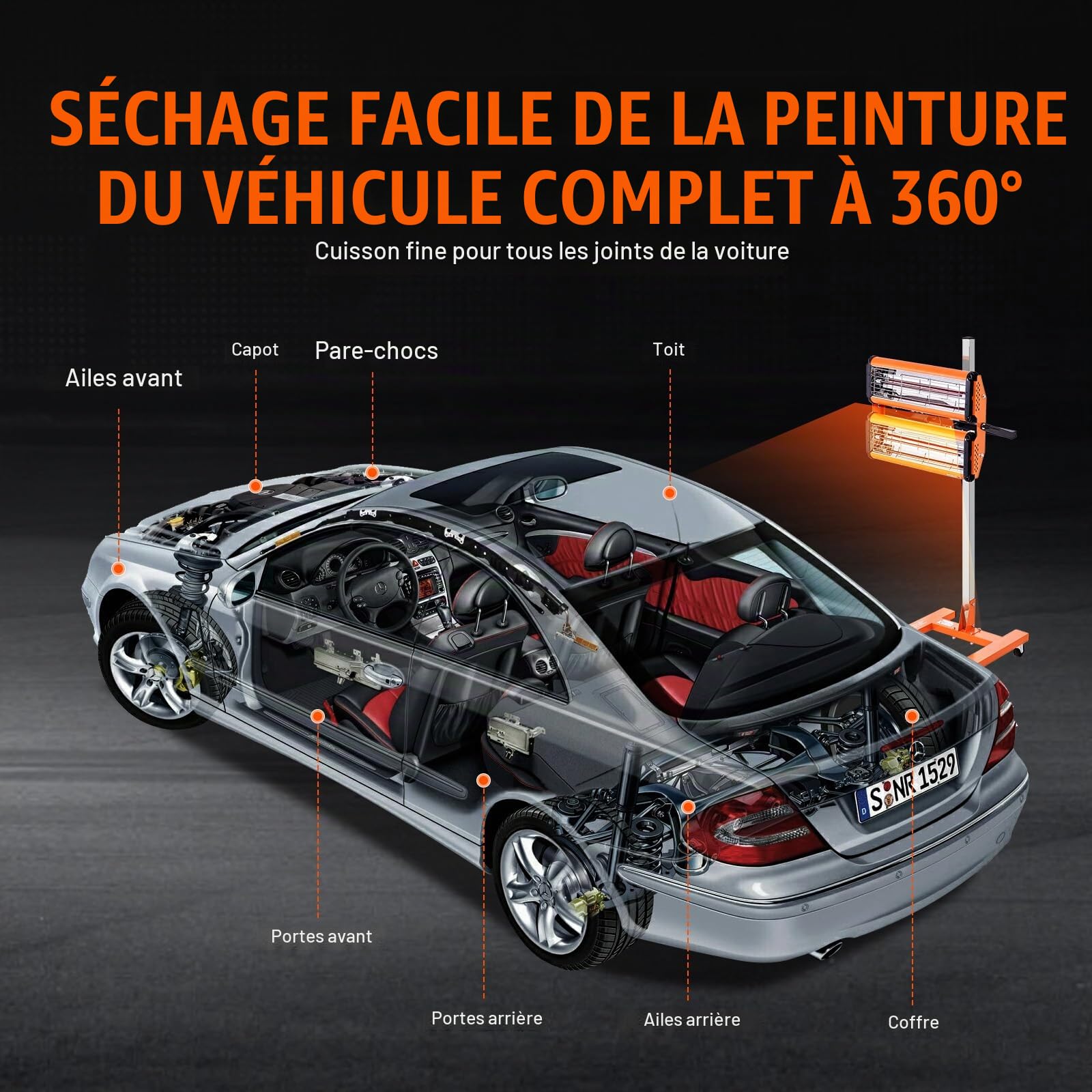VEVOR Lampe polymérisation Infrarouge, 2200 W, séchoir Peinture Voiture avec Support, minuterie 1-60 Min, Chauffage Cabine Cuisson pulvérisation 0,48 ㎡, Lampe à polymériser pour réparation séchage