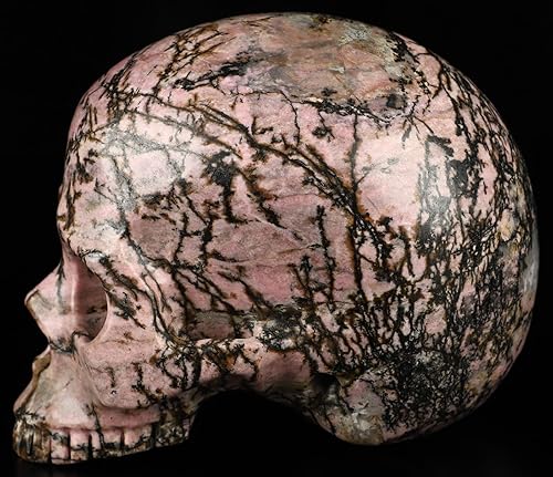 Miniatura 4 de 4.6" rosa y negro rodonita cráneo de cristal, escultura de arte fino tallado a mano de piedras preciosas.2782