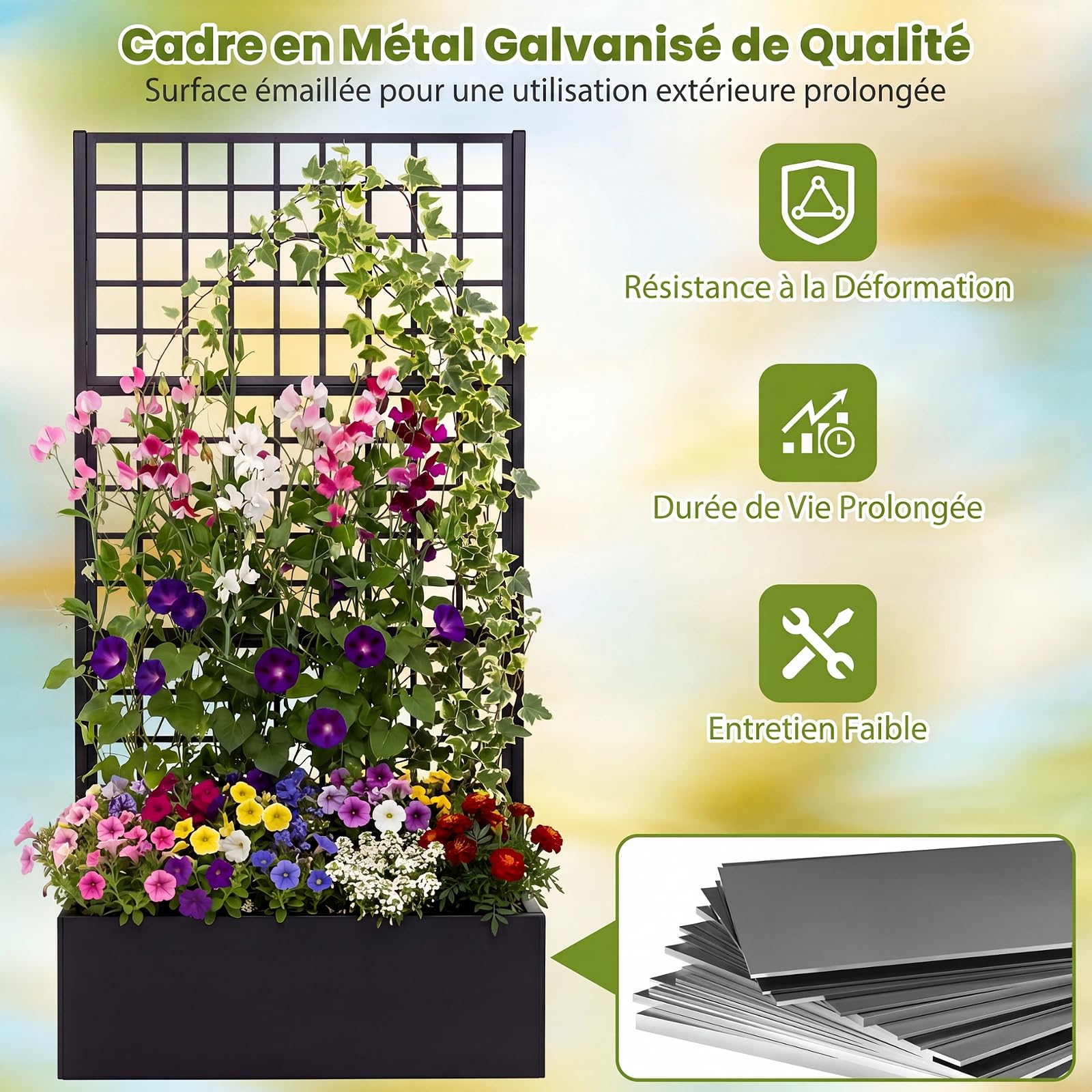 COSTWAY Jardinière avec Treillis en Métal avec Brise-Vue | Bac à Fleurs, 3 Panneaux, Trous de Drainage, Support Plantes Grimpantes Herbes Fruits pour Balcon Jardin, 90 x 40 x 180,5 cm
