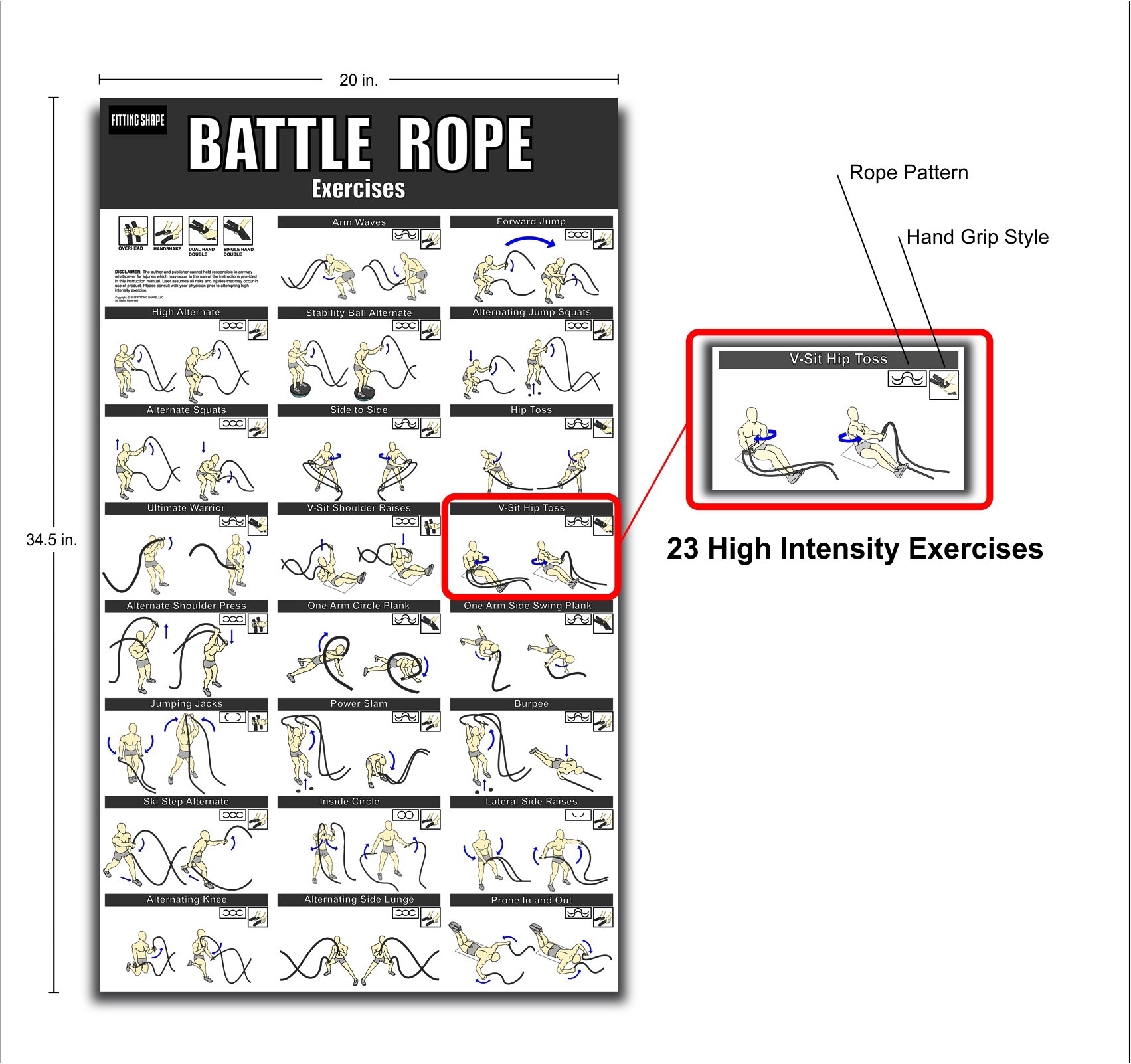Battle Rope Exercise Poster 20 x 34.5 inch Fully Laminated with 23