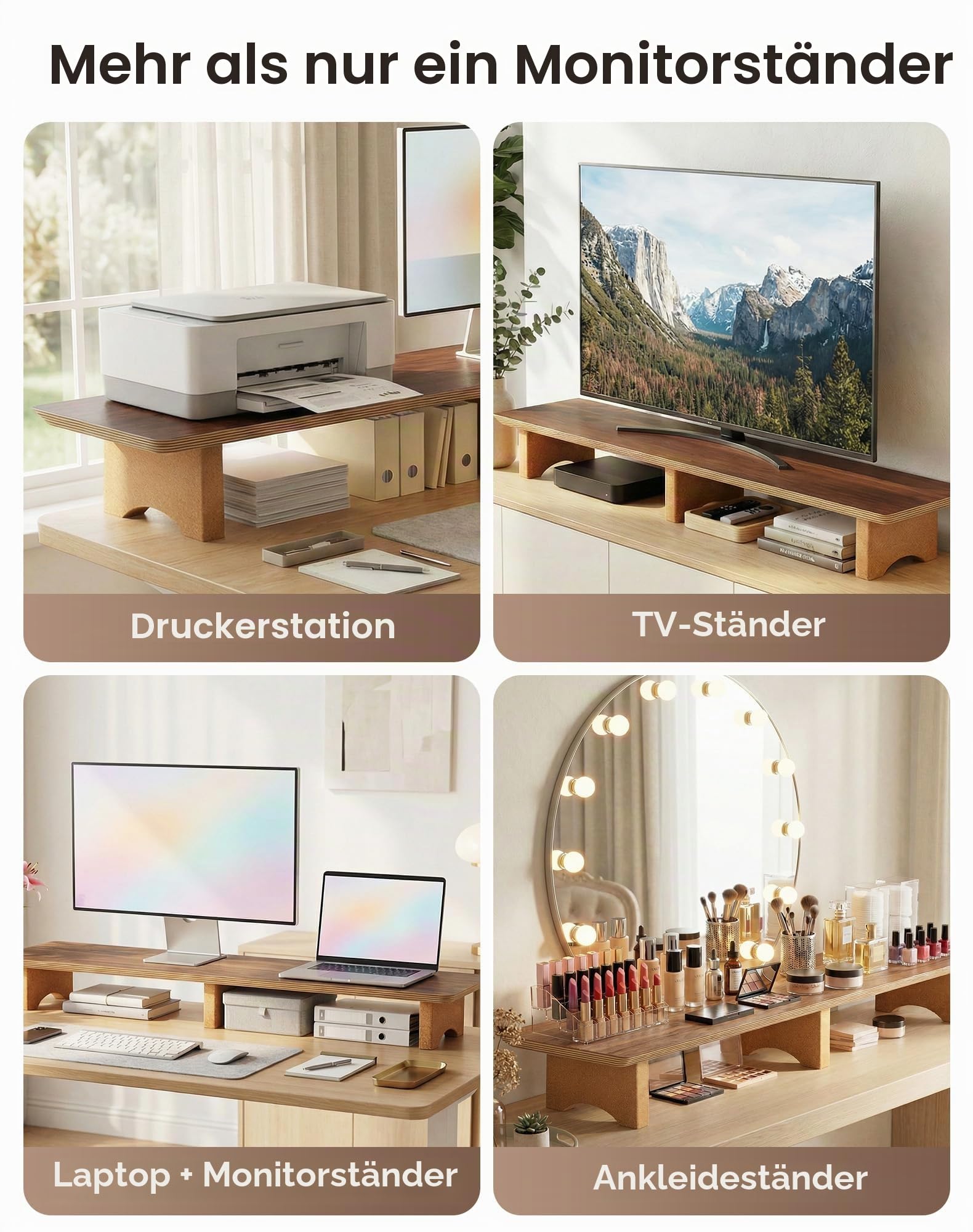 Aothia Massivholz Doppel Monitorständer mit 3 Korkfüßen Walnuss Groß | Massivholz Monitorständer, passend für 2 Monitore, 3 stabile Korkfüße, kein Billig-Spanplatten, robust für Büro & Heim