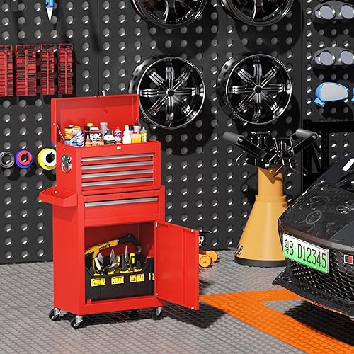 Miniatura 2 de Cofre de Herramientas Rodante de 5 Cajones - Gabinete de Herramientas de Acero Resistente con Caja Superior Desmontable, Ruedas de Bloqueo y Sistema